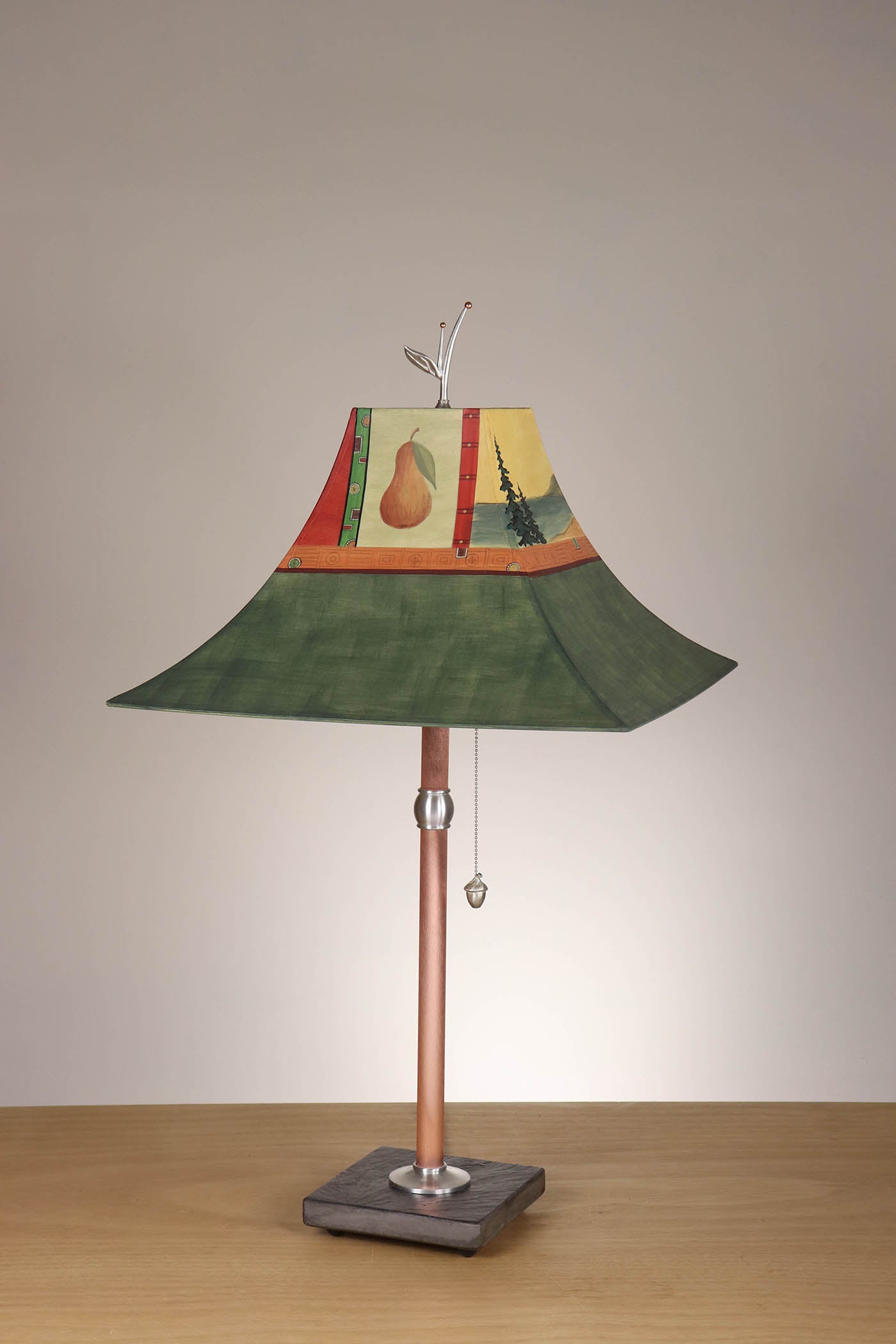 Janna Ugone & Co Table Lamp Copper Table Lamp with Large Pagoda Shade in Pearl Lake in Forest Linen