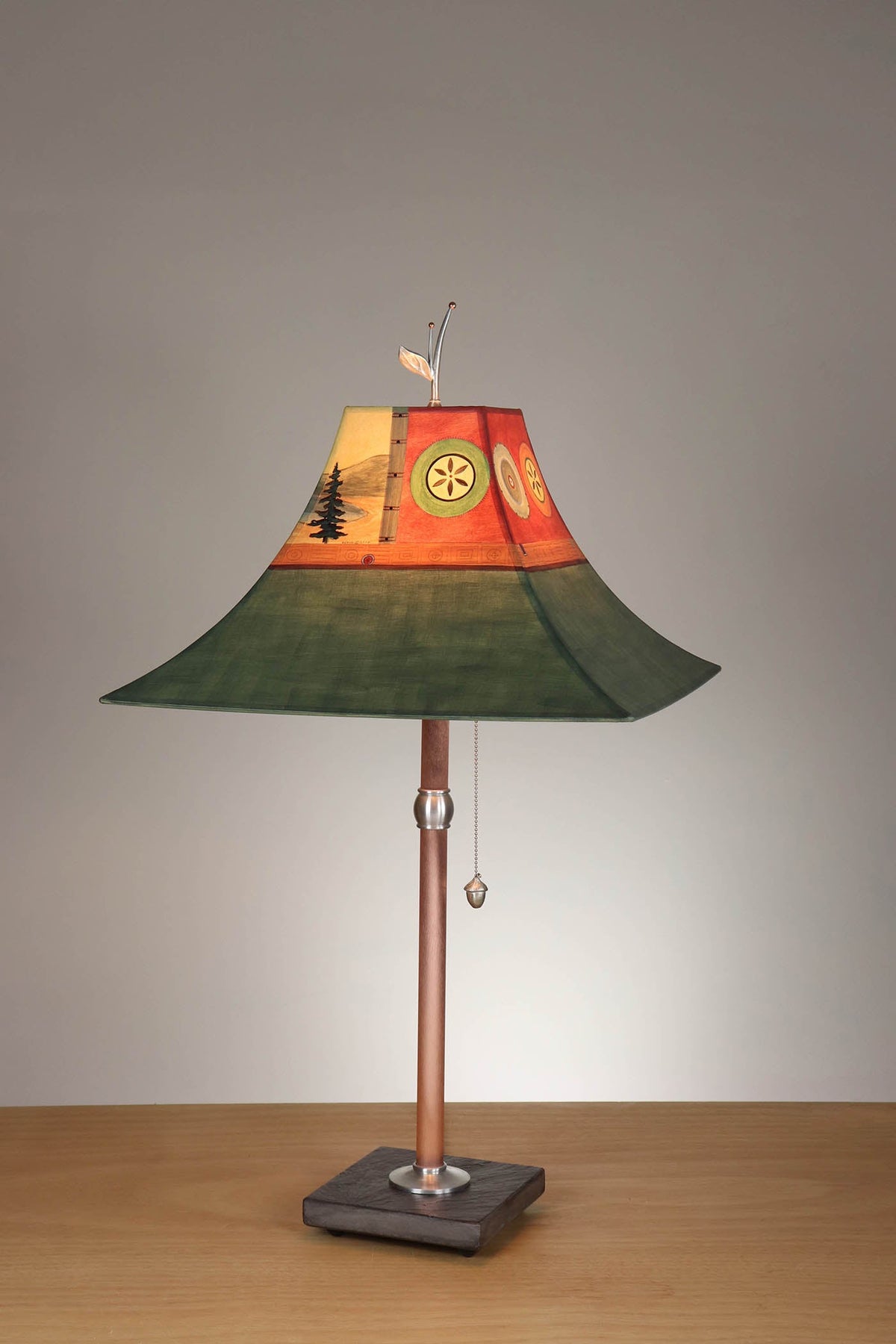 Janna Ugone &amp; Co Table Lamp Copper Table Lamp with Large Pagoda Shade in Pearl Lake in Forest Linen