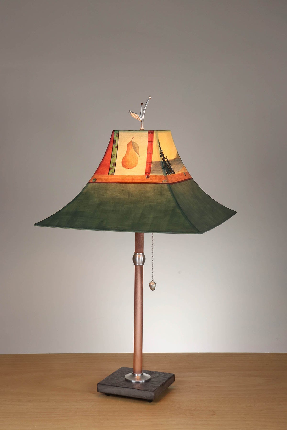 Janna Ugone &amp; Co Table Lamp Copper Table Lamp with Large Pagoda Shade in Pearl Lake in Forest Linen