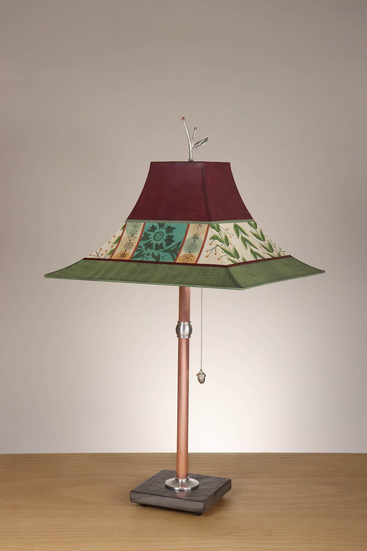 Janna Ugone &amp; Co Table Lamp Copper Table Lamp with Large Pagoda Shade in Spring Medley in Wine