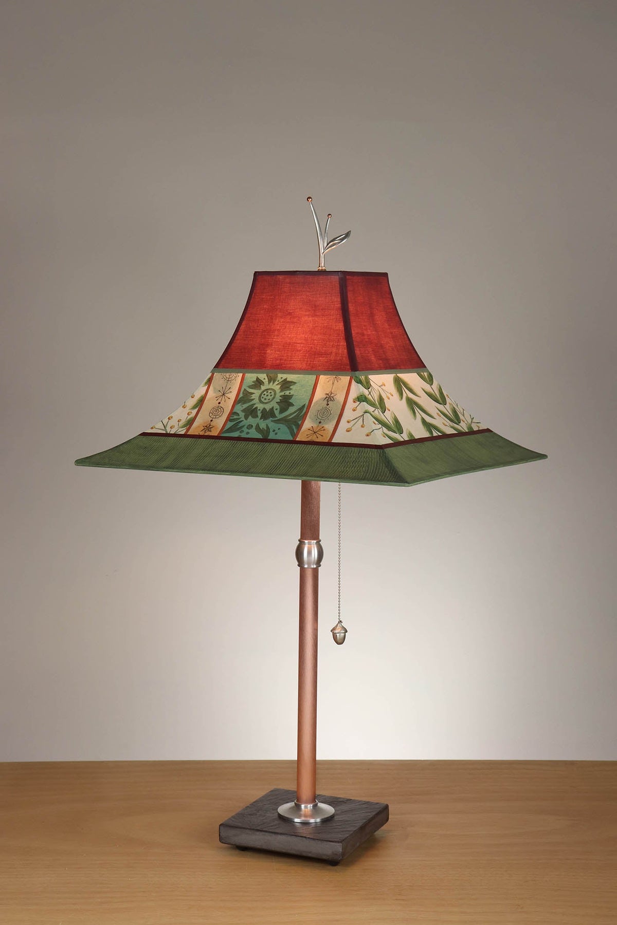 Janna Ugone &amp; Co Table Lamp Copper Table Lamp with Large Pagoda Shade in Spring Medley in Wine