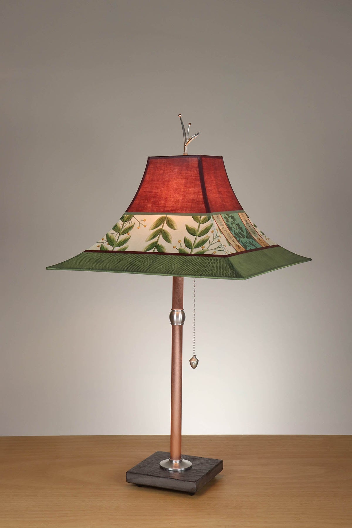 Janna Ugone &amp; Co Table Lamp Copper Table Lamp with Large Pagoda Shade in Spring Medley in Wine