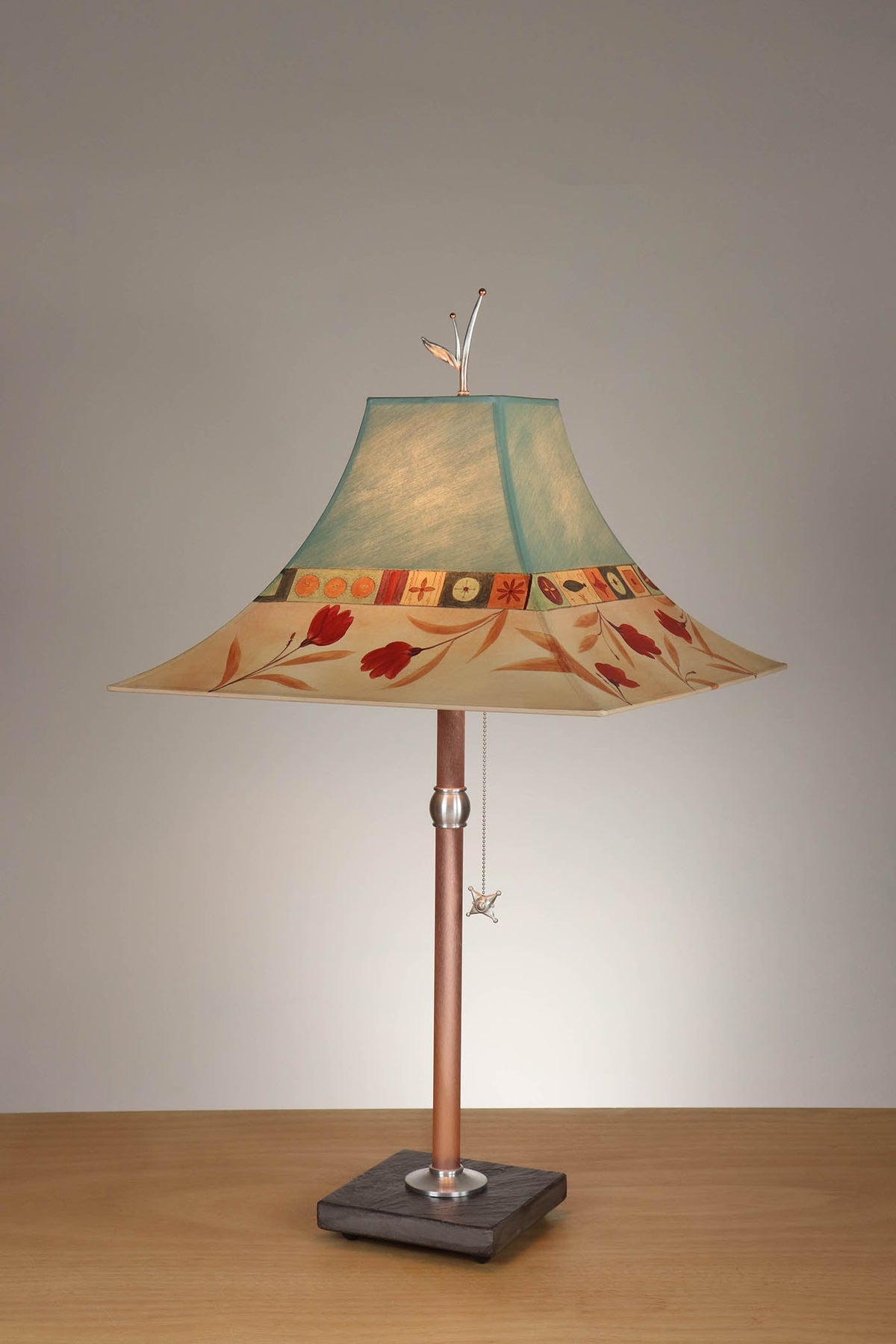 Janna Ugone &amp; Co Table Lamp Copper Table Lamp with Large Pagoda Shade in Windflower in Seaglass