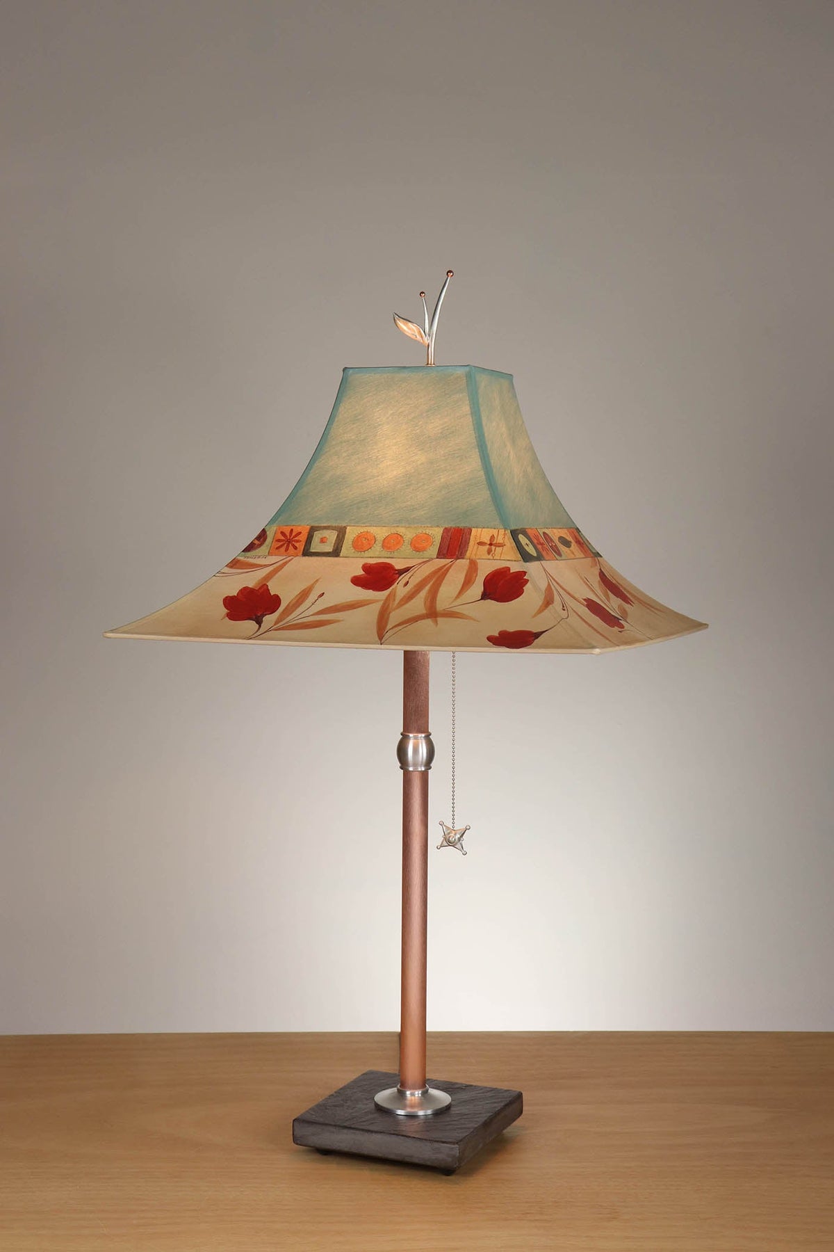 Janna Ugone &amp; Co Table Lamp Copper Table Lamp with Large Pagoda Shade in Windflower in Seaglass