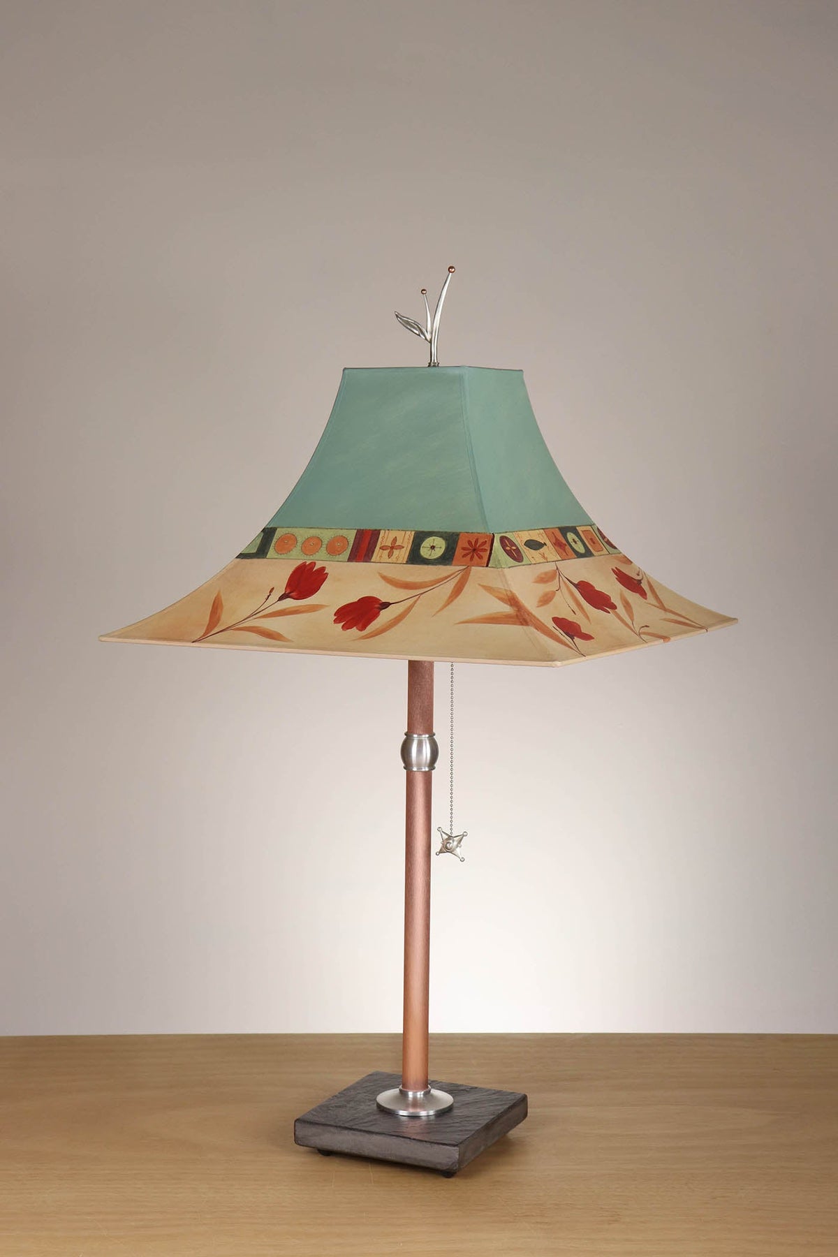 Janna Ugone &amp; Co Table Lamp Copper Table Lamp with Large Pagoda Shade in Windflower in Seaglass