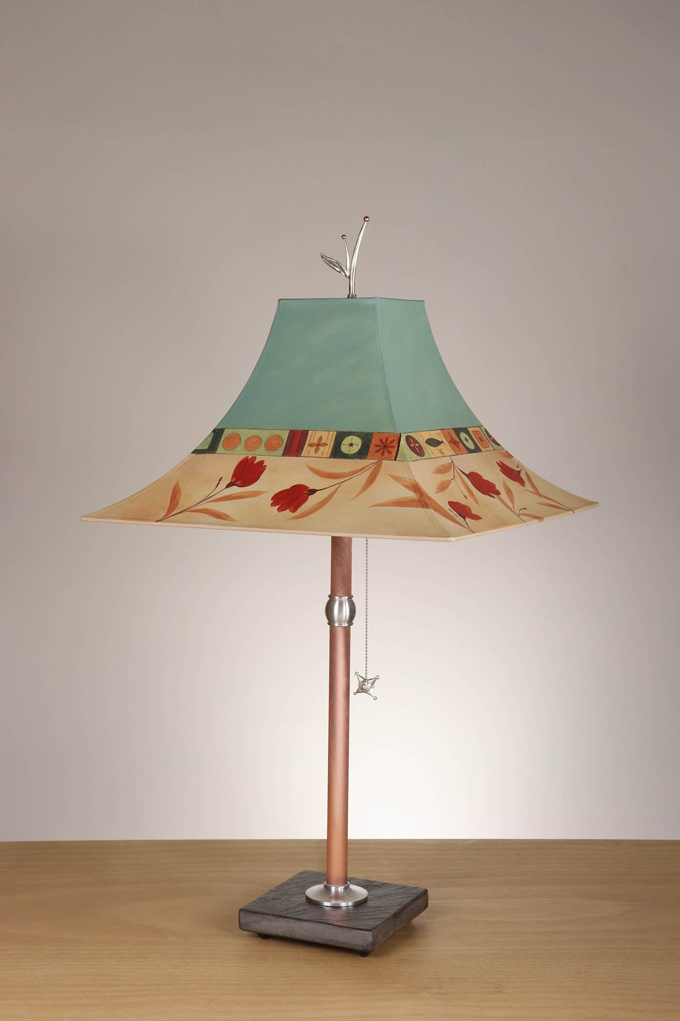 Janna Ugone & Co Table Lamp Copper Table Lamp with Large Pagoda Shade in Windflower in Seaglass