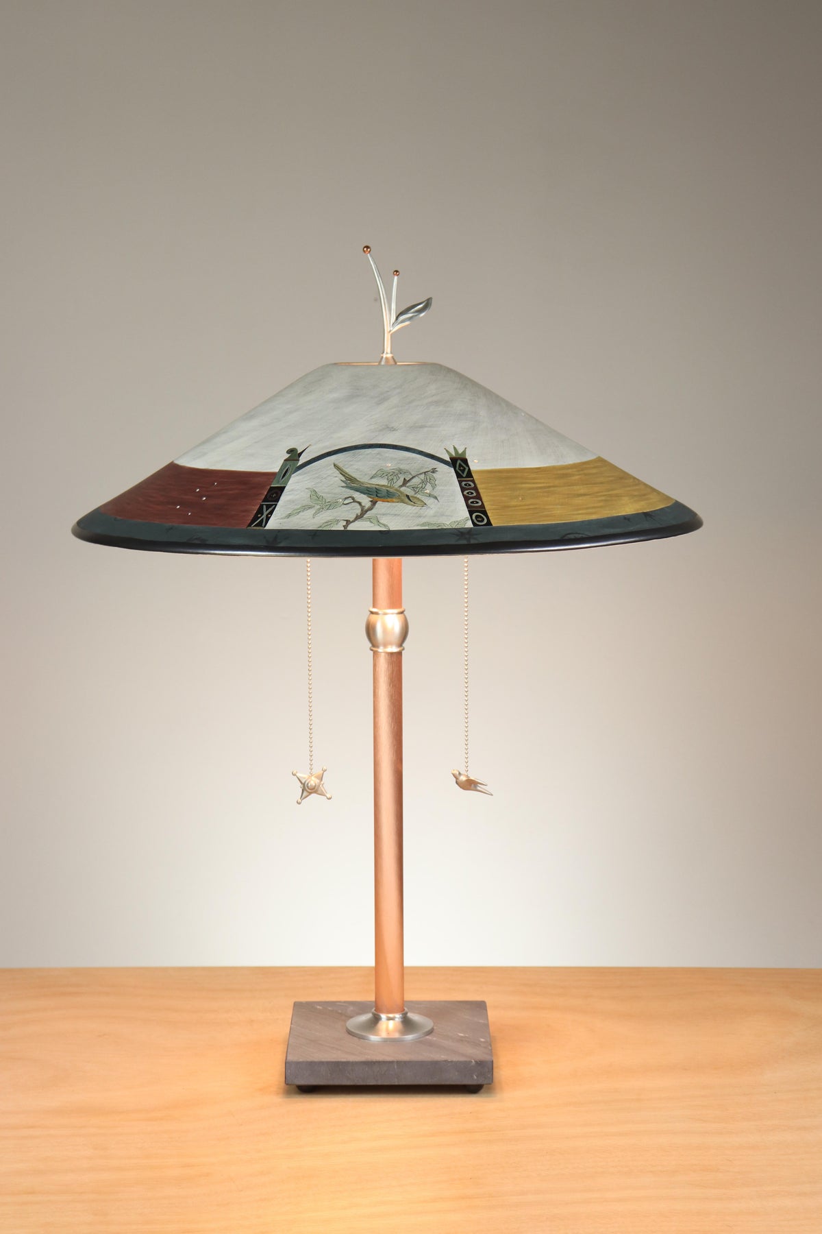 Janna Ugone &amp; Co Table Lamps Copper Table Lamp with Large Wide Conical Ceramic Shade in Bird Scape in Archway Ash