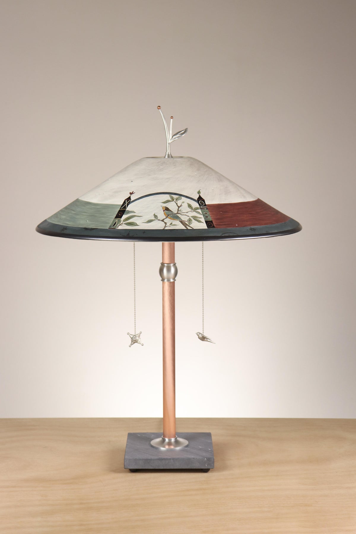 Janna Ugone &amp; Co Table Lamps Copper Table Lamp with Large Wide Conical Ceramic Shade in Bird Scape in Archway Ash