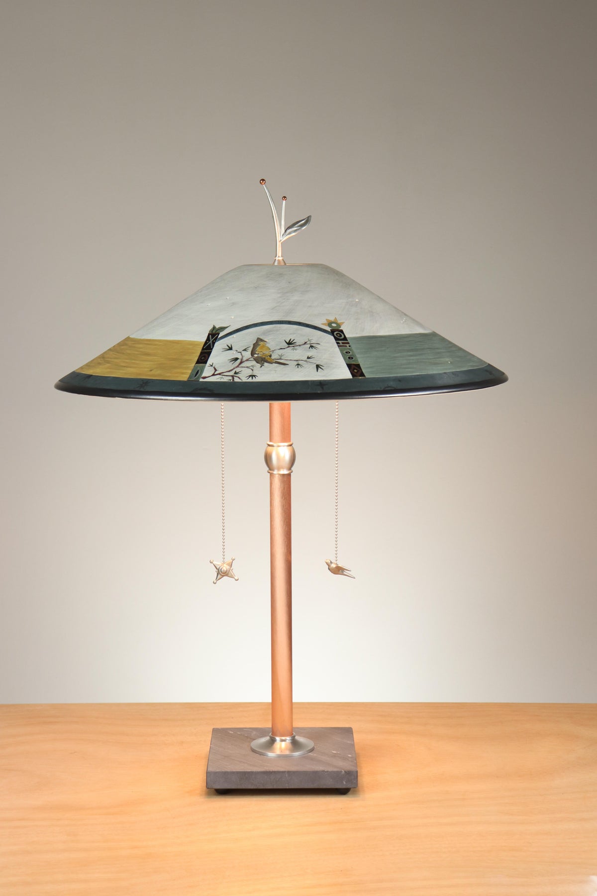 Janna Ugone &amp; Co Table Lamps Copper Table Lamp with Large Wide Conical Ceramic Shade in Bird Scape in Archway Ash