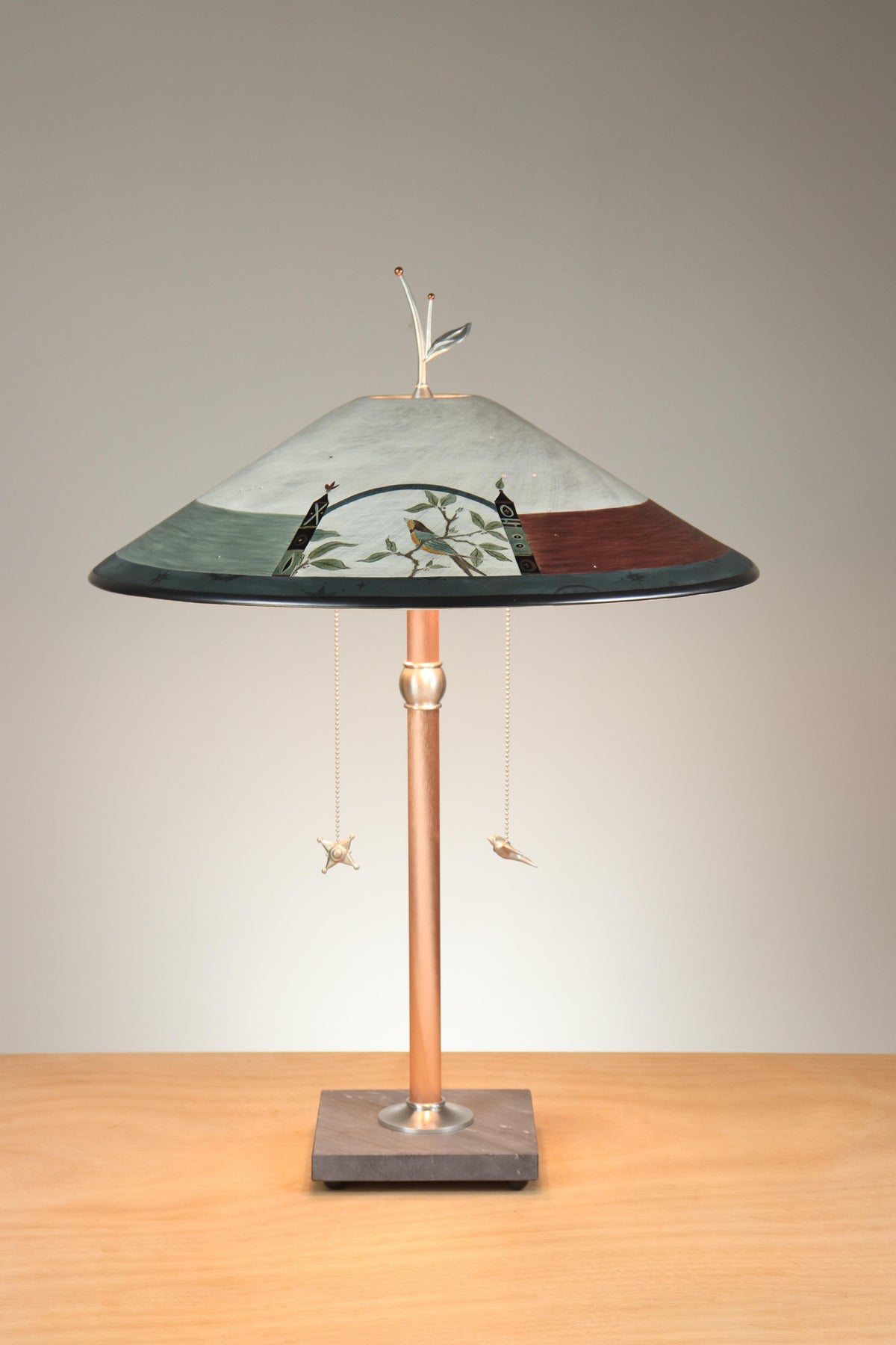 Janna Ugone &amp; Co Table Lamps Copper Table Lamp with Large Wide Conical Ceramic Shade in Bird Scape in Archway Ash