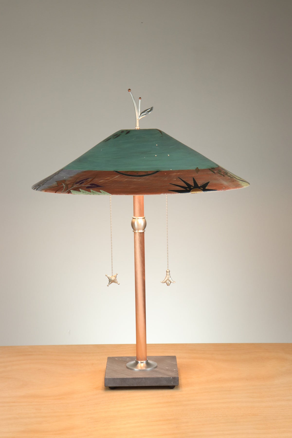 Janna Ugone &amp; Co Table Lamps Copper Table Lamp with Large Wide Conical Ceramic Shade in British Border Green