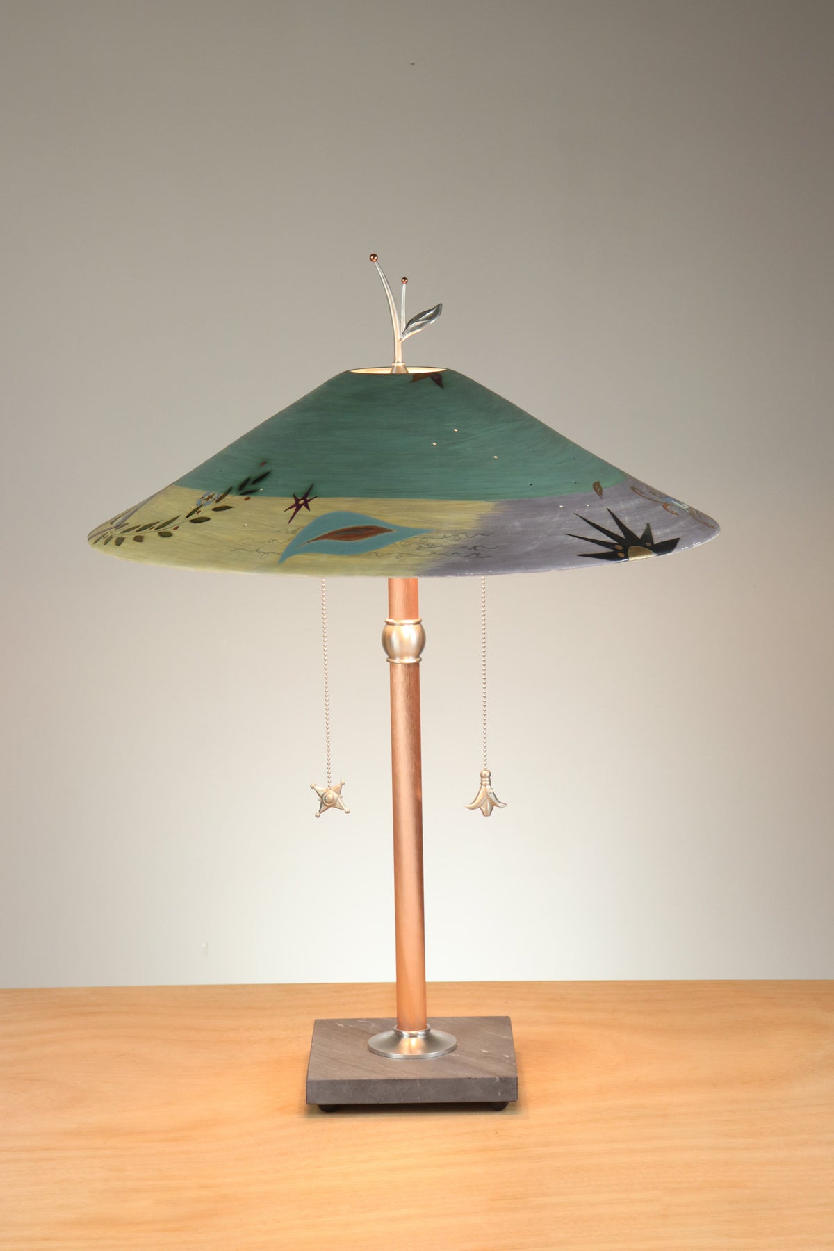 Janna Ugone &amp; Co Table Lamps Copper Table Lamp with Large Wide Conical Ceramic Shade in British Border Green