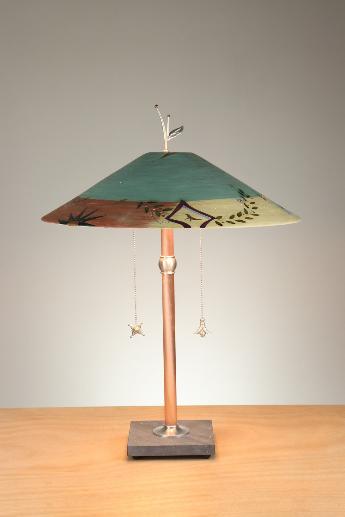 Janna Ugone &amp; Co Table Lamps Copper Table Lamp with Large Wide Conical Ceramic Shade in British Border Green