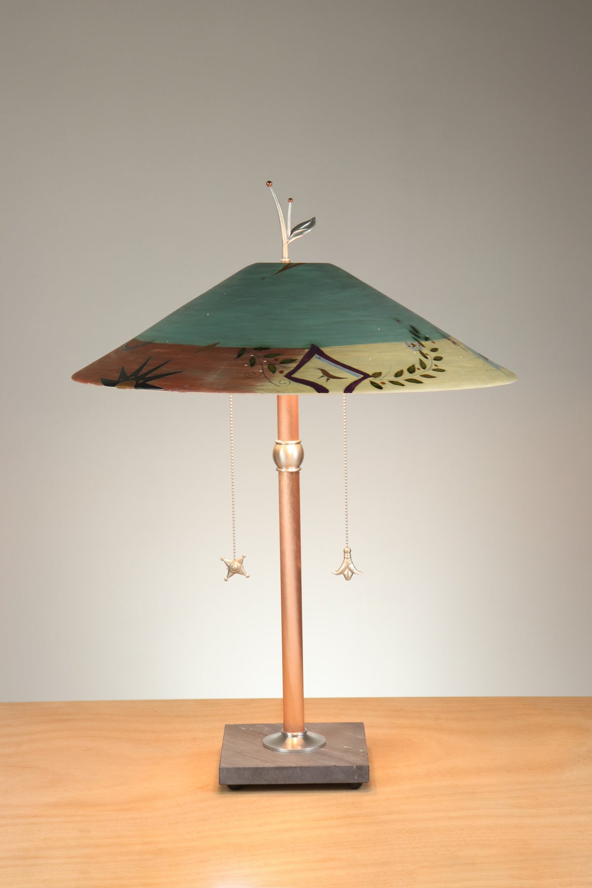 Janna Ugone &amp; Co Table Lamps Copper Table Lamp with Large Wide Conical Ceramic Shade in British Border Green