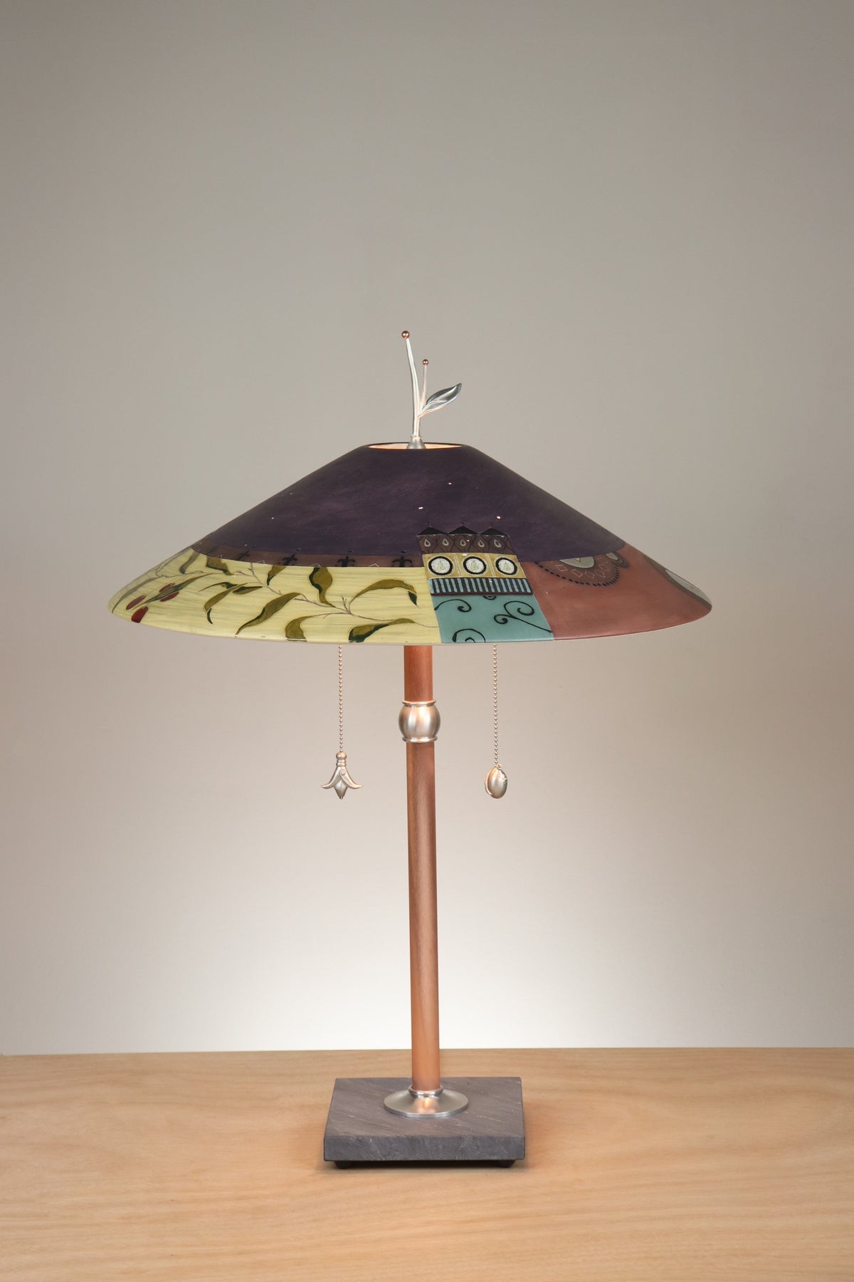 Janna Ugone &amp; Co Table Lamps Copper Table Lamp with Large Wide Conical Ceramic Shade in Collage in Plum