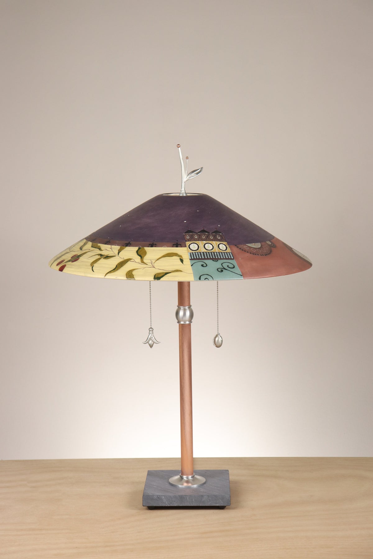 Janna Ugone &amp; Co Table Lamps Copper Table Lamp with Large Wide Conical Ceramic Shade in Collage in Plum