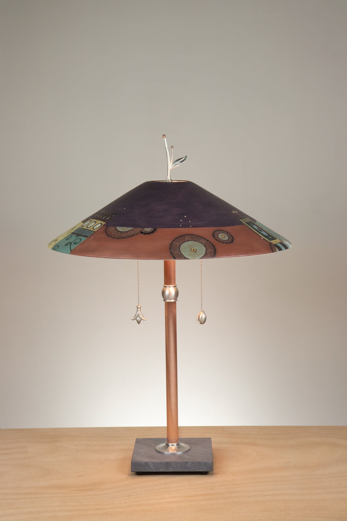 Janna Ugone &amp; Co Table Lamps Copper Table Lamp with Large Wide Conical Ceramic Shade in Collage in Plum