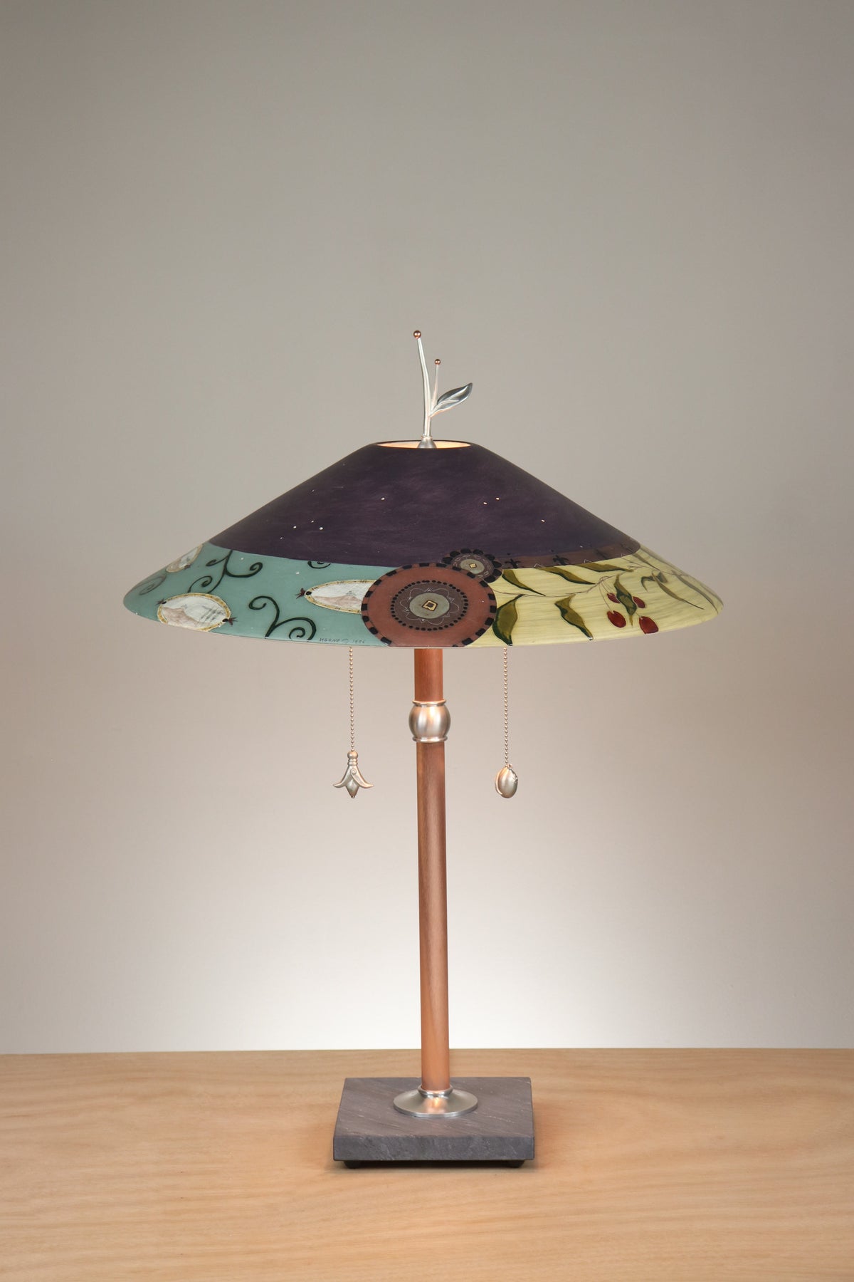 Janna Ugone &amp; Co Table Lamps Copper Table Lamp with Large Wide Conical Ceramic Shade in Collage in Plum