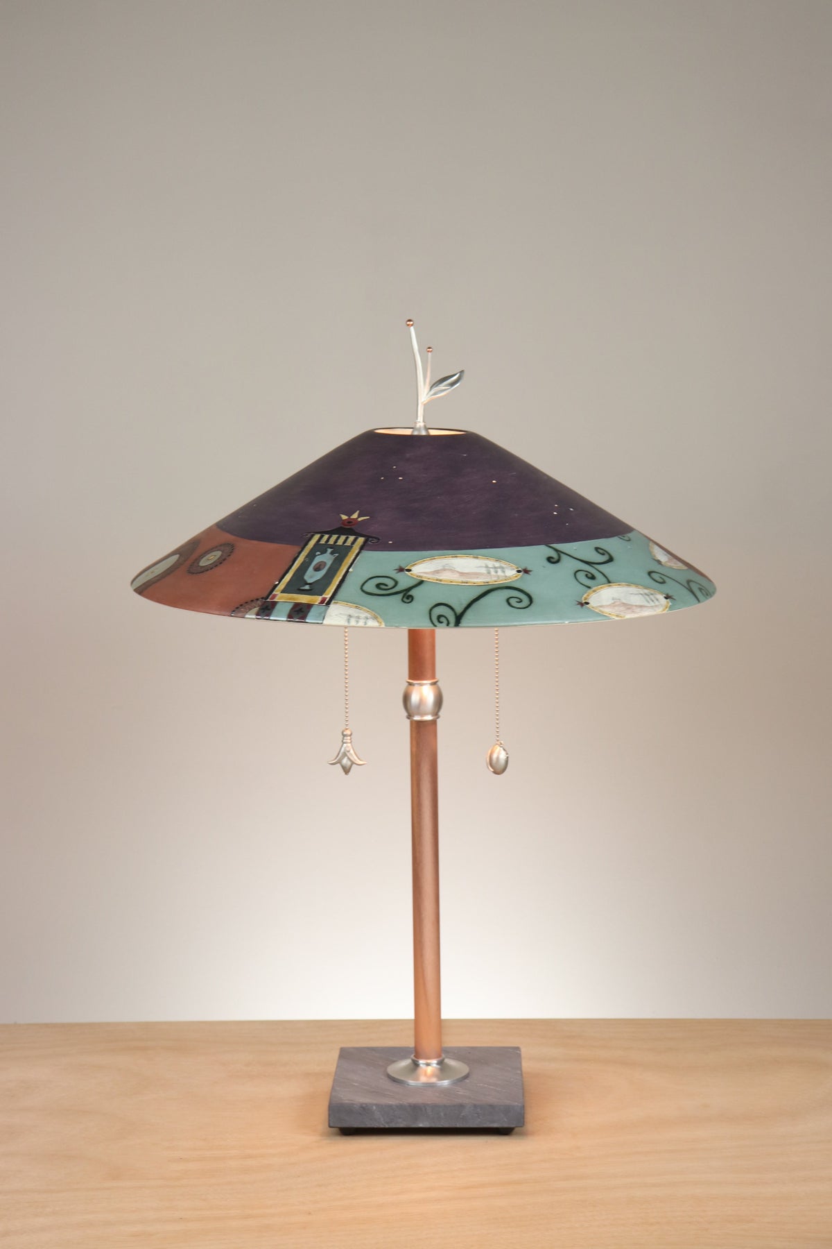 Janna Ugone &amp; Co Table Lamps Copper Table Lamp with Large Wide Conical Ceramic Shade in Collage in Plum