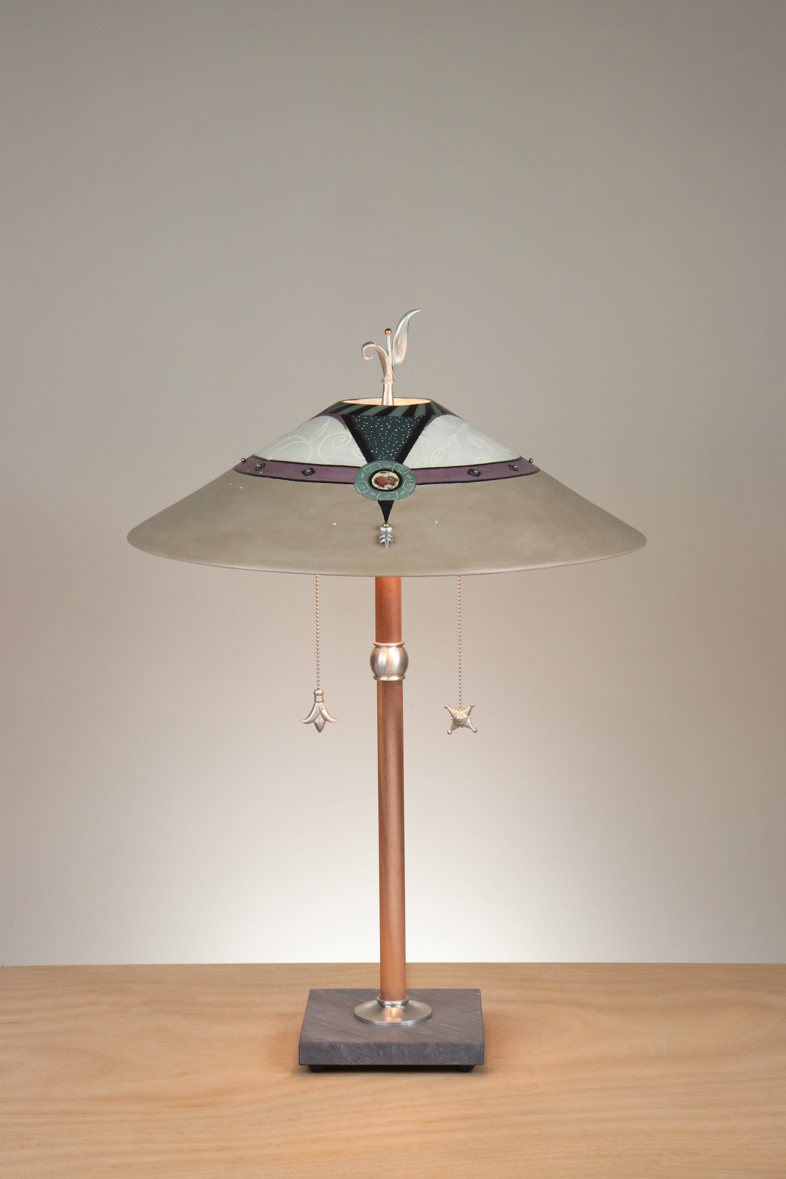 Janna Ugone & Co Table Lamps Copper Table Lamp with Large Wide Conical Ceramic Shade in Damask Charm in Ivory Taupe