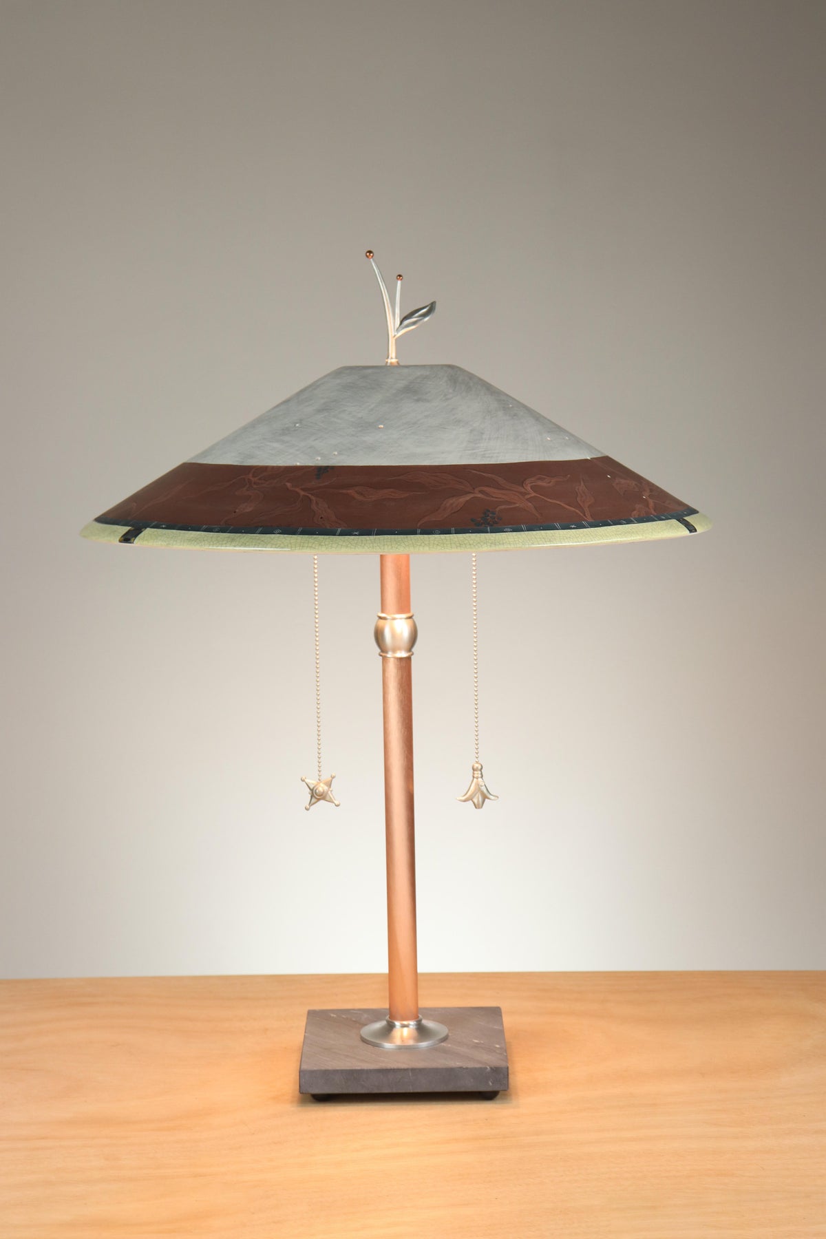 Janna Ugone &amp; Co Table Lamps Copper Table Lamp with Large Wide Conical Ceramic Shade in Elderberry in Brick