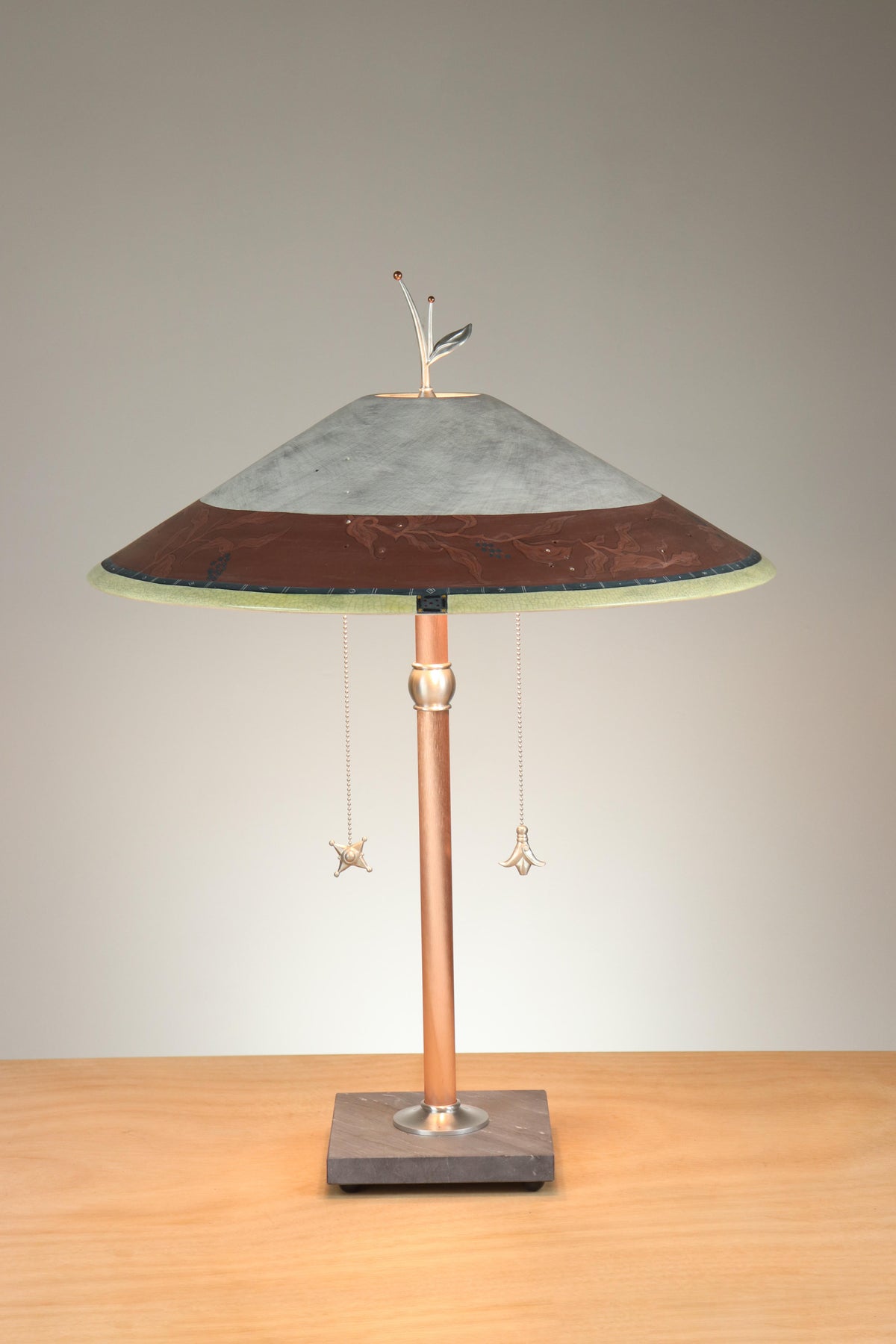 Janna Ugone &amp; Co Table Lamps Copper Table Lamp with Large Wide Conical Ceramic Shade in Elderberry in Brick