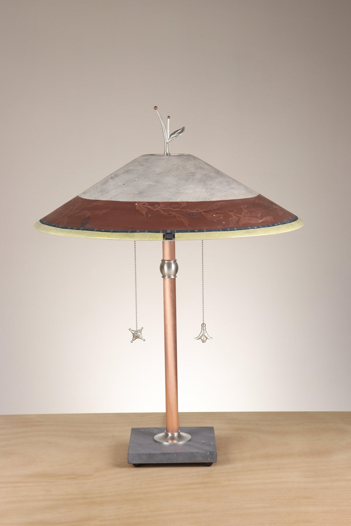 Janna Ugone &amp; Co Table Lamps Copper Table Lamp with Large Wide Conical Ceramic Shade in Elderberry in Brick