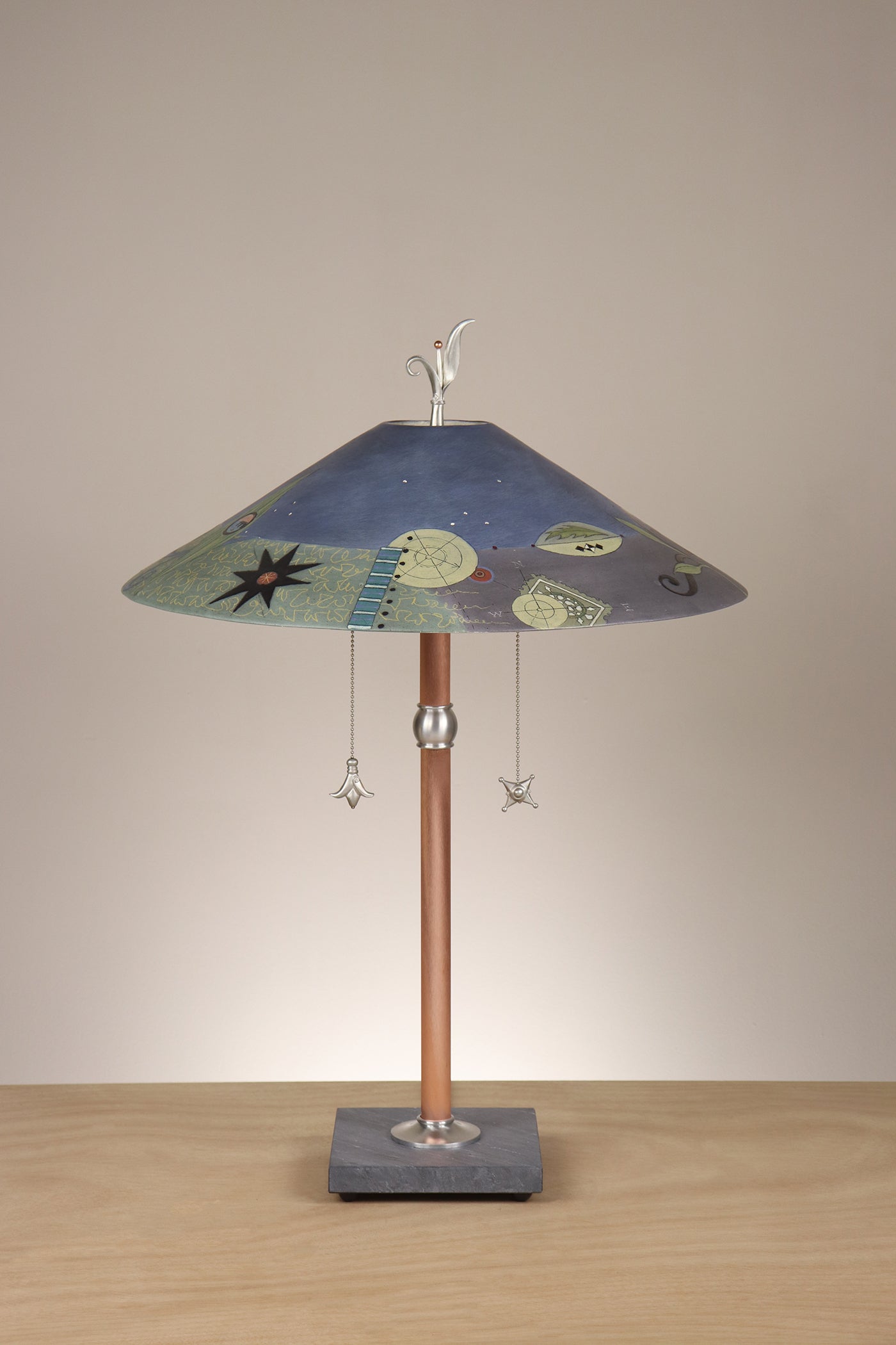 Janna Ugone & Co Table Lamps Copper Table Lamp with Large Wide Conical Ceramic Shade in English Border in Larkspur