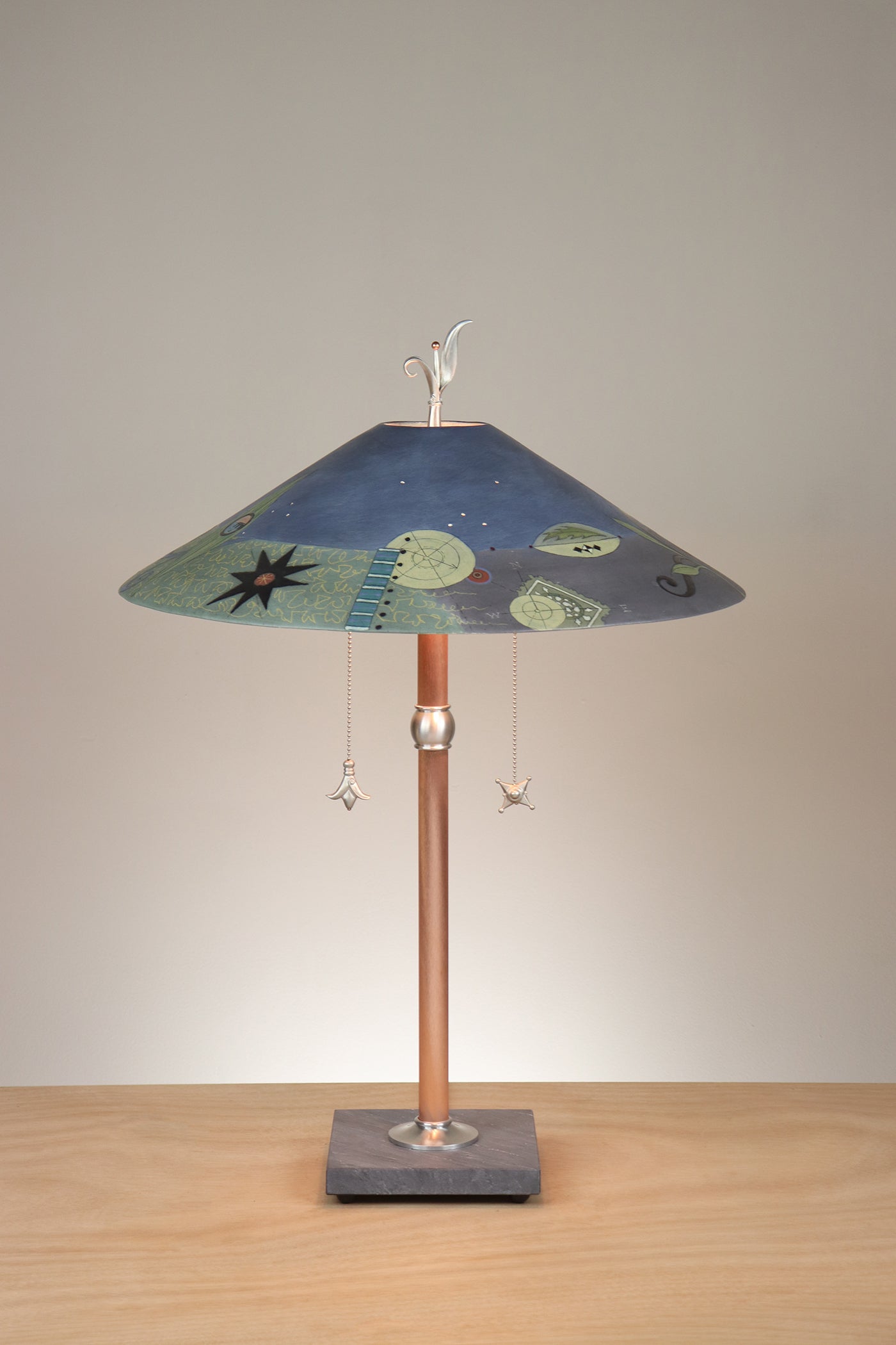 Janna Ugone & Co Table Lamps Copper Table Lamp with Large Wide Conical Ceramic Shade in English Border in Larkspur