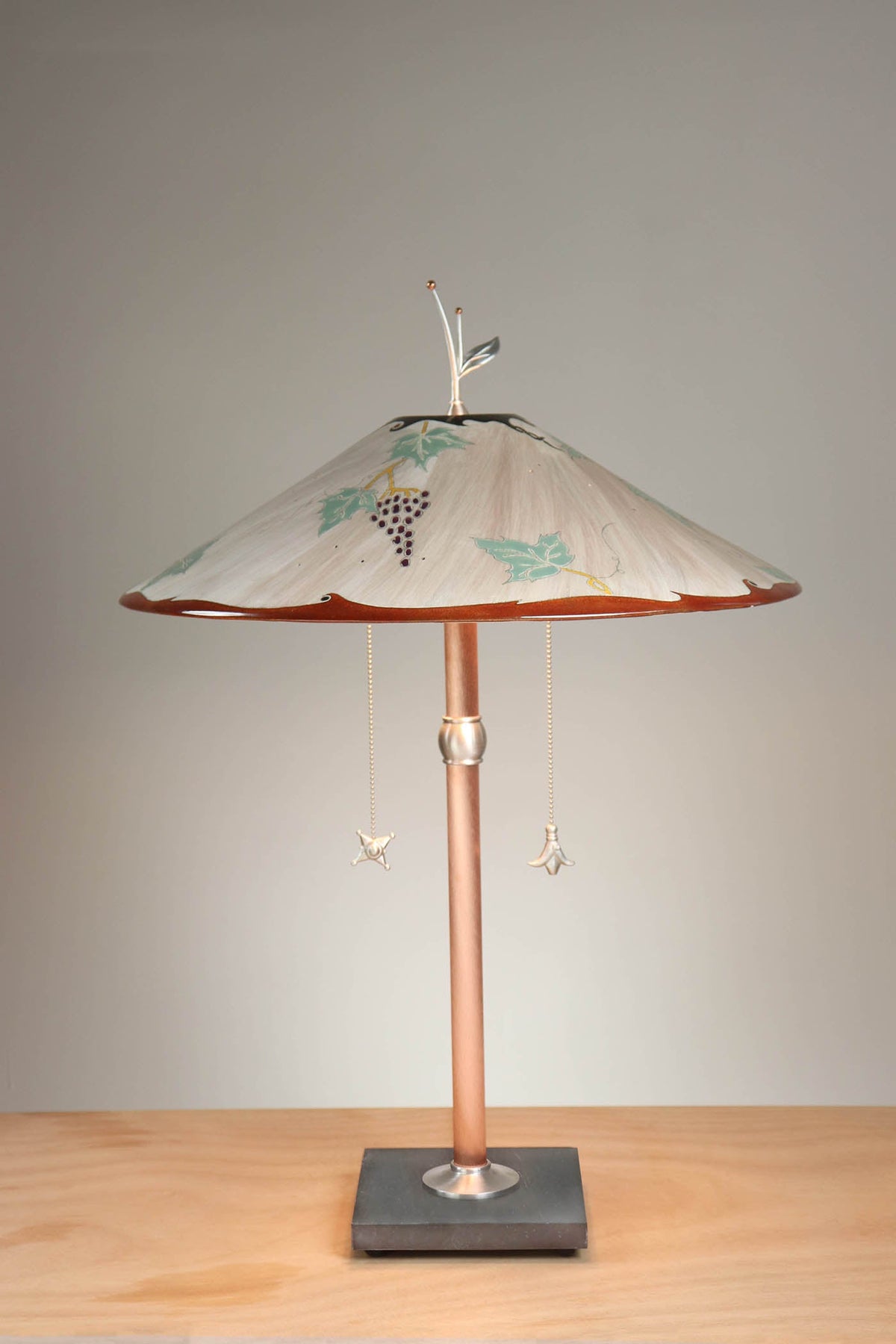 Janna Ugone &amp; Co Table Lamps Copper Table Lamp with Large Wide Conical Ceramic Shade in Grape Leaves in Peach