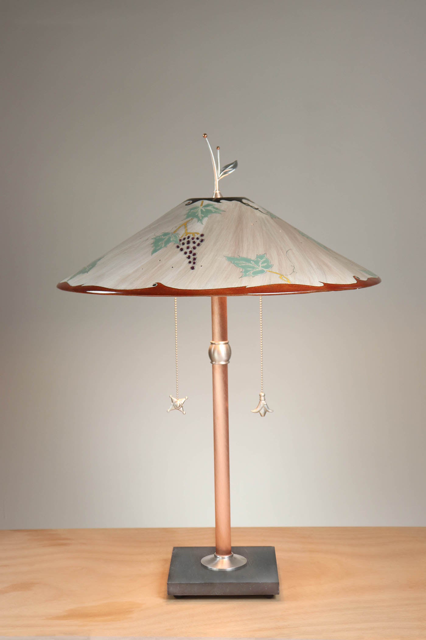 Janna Ugone & Co Table Lamps Copper Table Lamp with Large Wide Conical Ceramic Shade in Grape Leaves in Peach