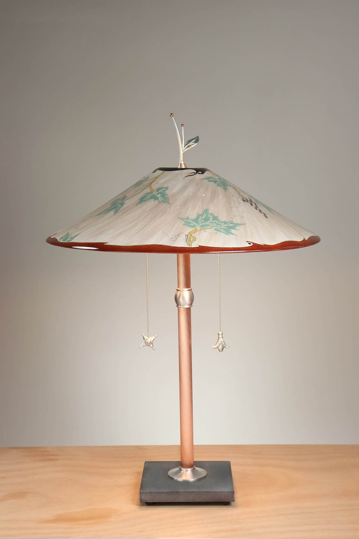 Janna Ugone &amp; Co Table Lamps Copper Table Lamp with Large Wide Conical Ceramic Shade in Grape Leaves in Peach