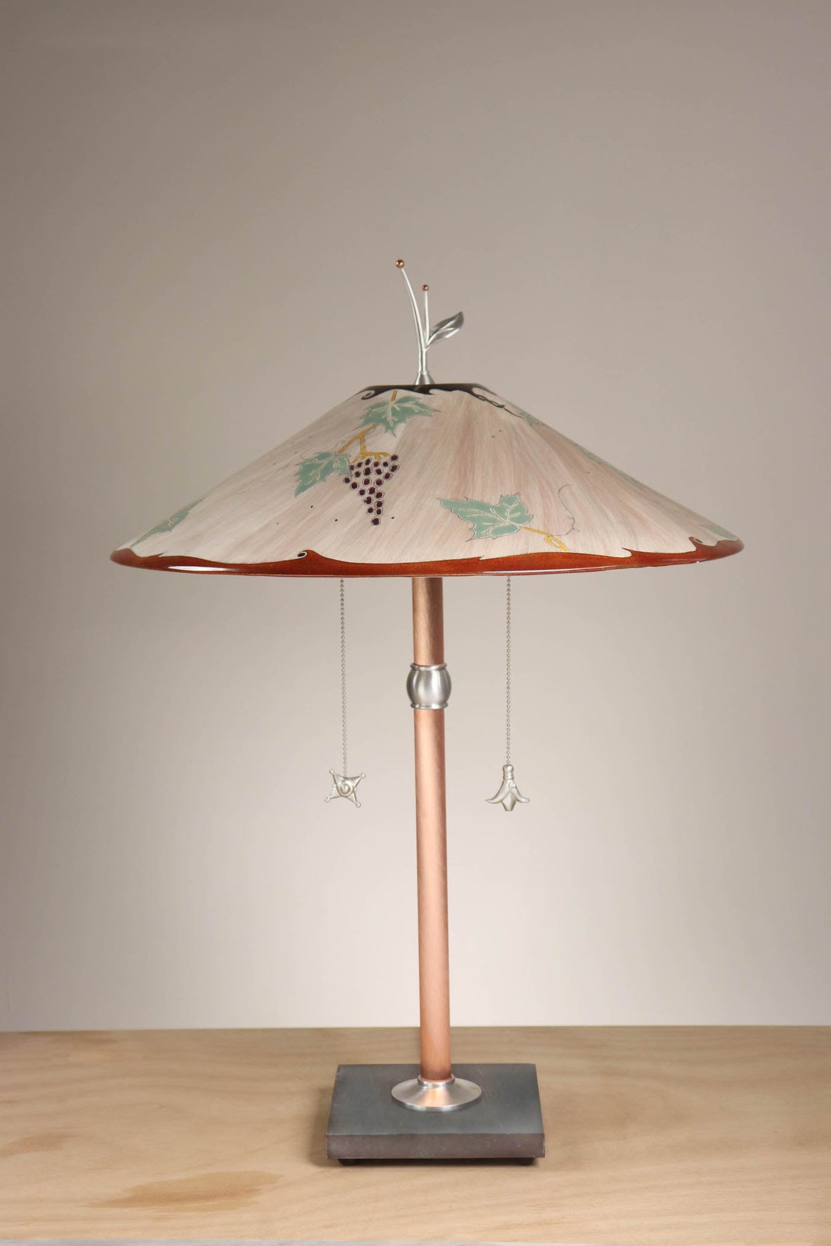 Janna Ugone &amp; Co Table Lamps Copper Table Lamp with Large Wide Conical Ceramic Shade in Grape Leaves in Peach