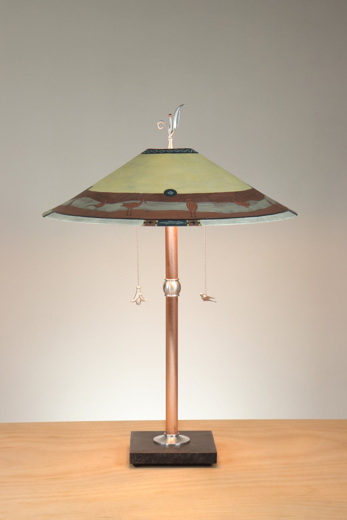 Janna Ugone &amp; Co Table Lamps Copper Table Lamp with Large Wide Conical Ceramic Shade in Heron Border in Brick and Amber