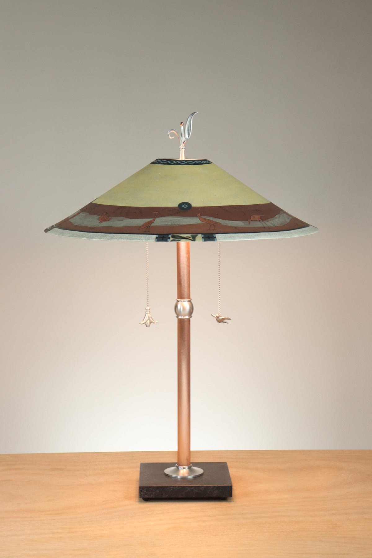 Janna Ugone &amp; Co Table Lamps Copper Table Lamp with Large Wide Conical Ceramic Shade in Heron Border in Brick and Amber
