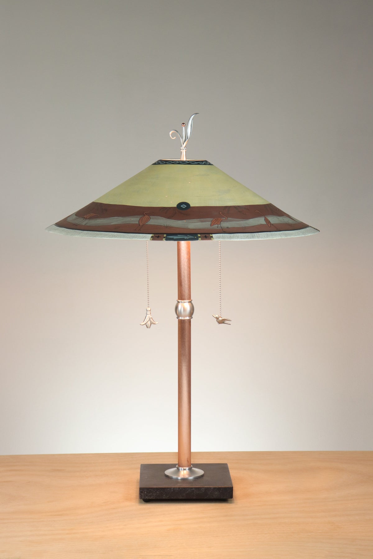 Janna Ugone &amp; Co Table Lamps Copper Table Lamp with Large Wide Conical Ceramic Shade in Heron Border in Brick and Amber