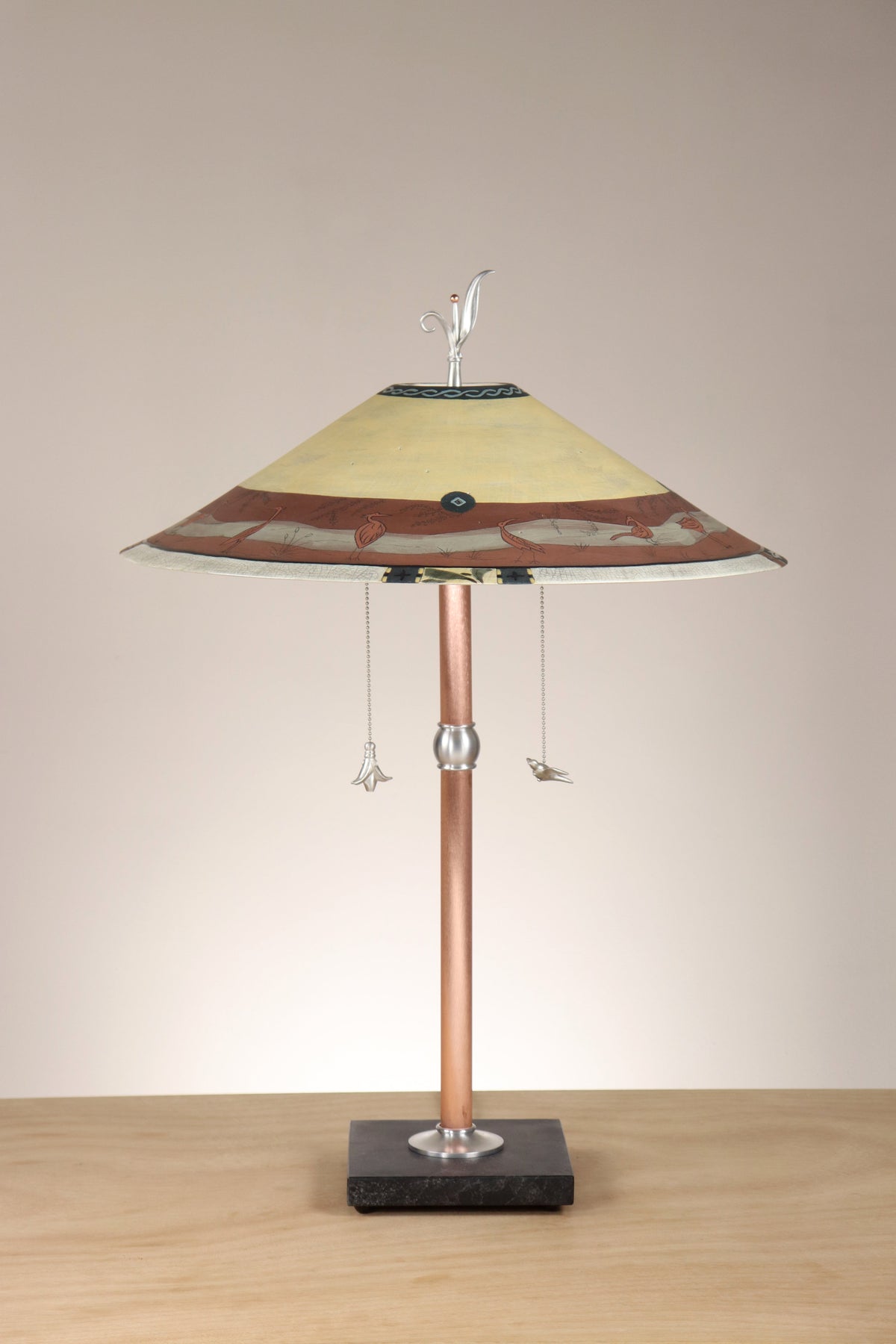 Janna Ugone &amp; Co Table Lamps Copper Table Lamp with Large Wide Conical Ceramic Shade in Heron Border in Brick and Amber