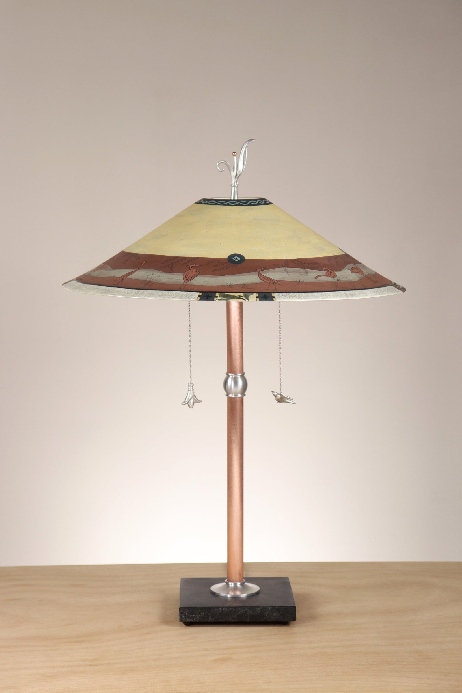 Janna Ugone & Co Table Lamps Copper Table Lamp with Large Wide Conical Ceramic Shade in Heron Border in Brick and Amber