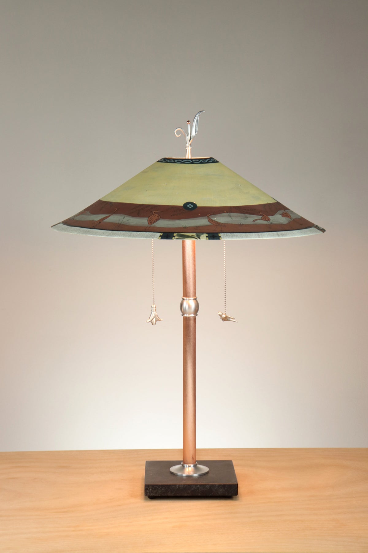 Janna Ugone &amp; Co Table Lamps Copper Table Lamp with Large Wide Conical Ceramic Shade in Heron Border in Brick and Amber