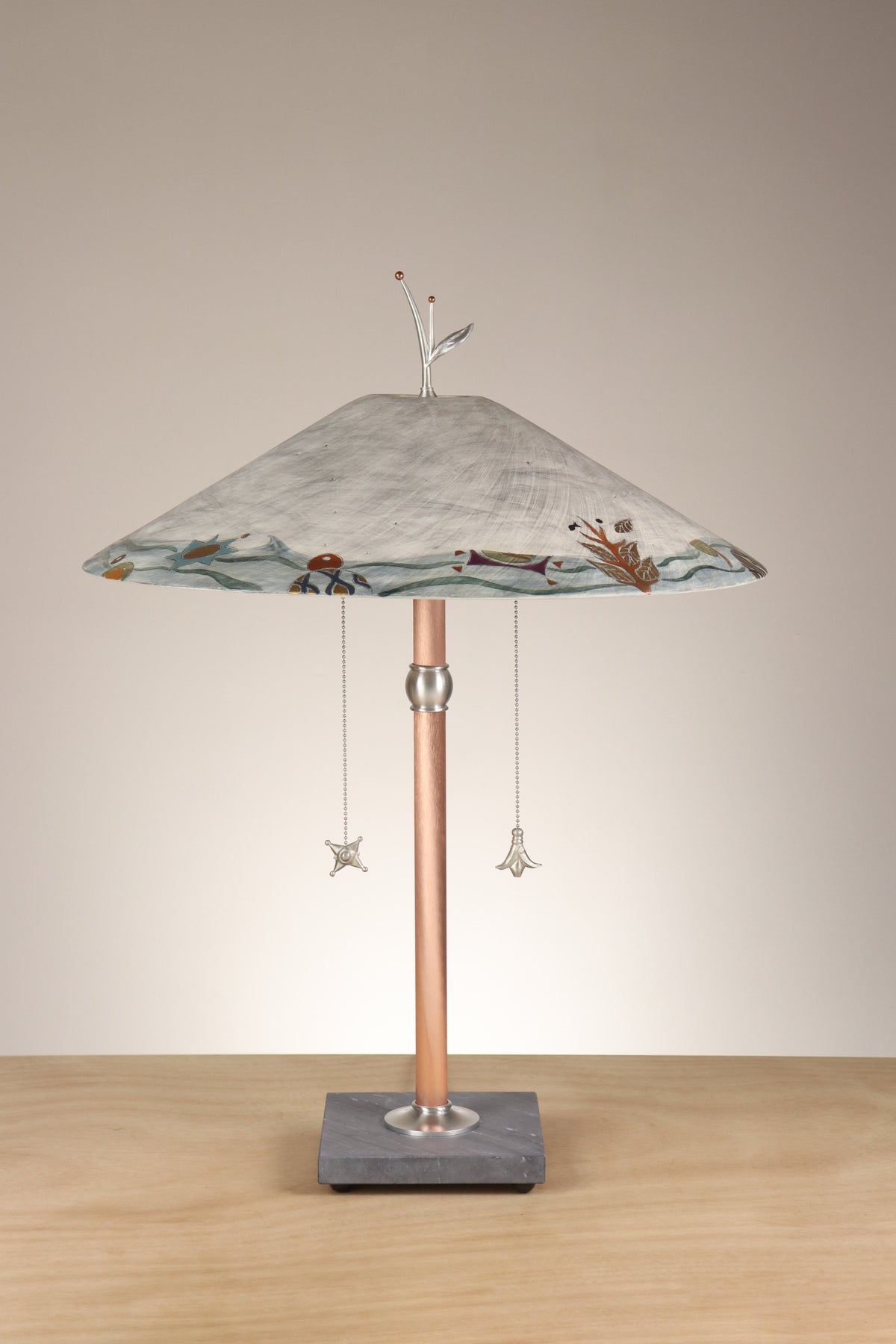 Janna Ugone &amp; Co Table Lamps Copper Table Lamp with Large Wide Conical Ceramic Shade in Madrid Border in Ash