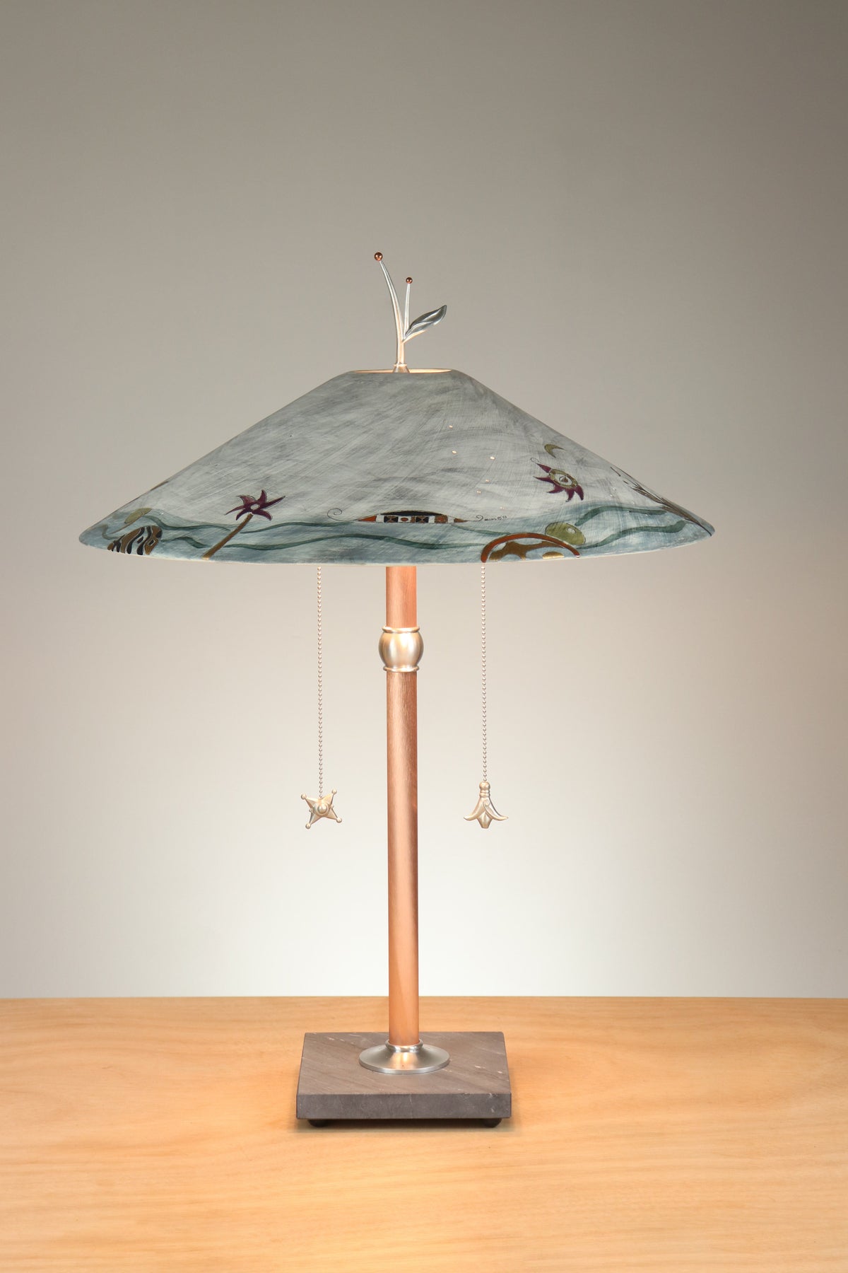 Janna Ugone &amp; Co Table Lamps Copper Table Lamp with Large Wide Conical Ceramic Shade in Madrid Border in Ash