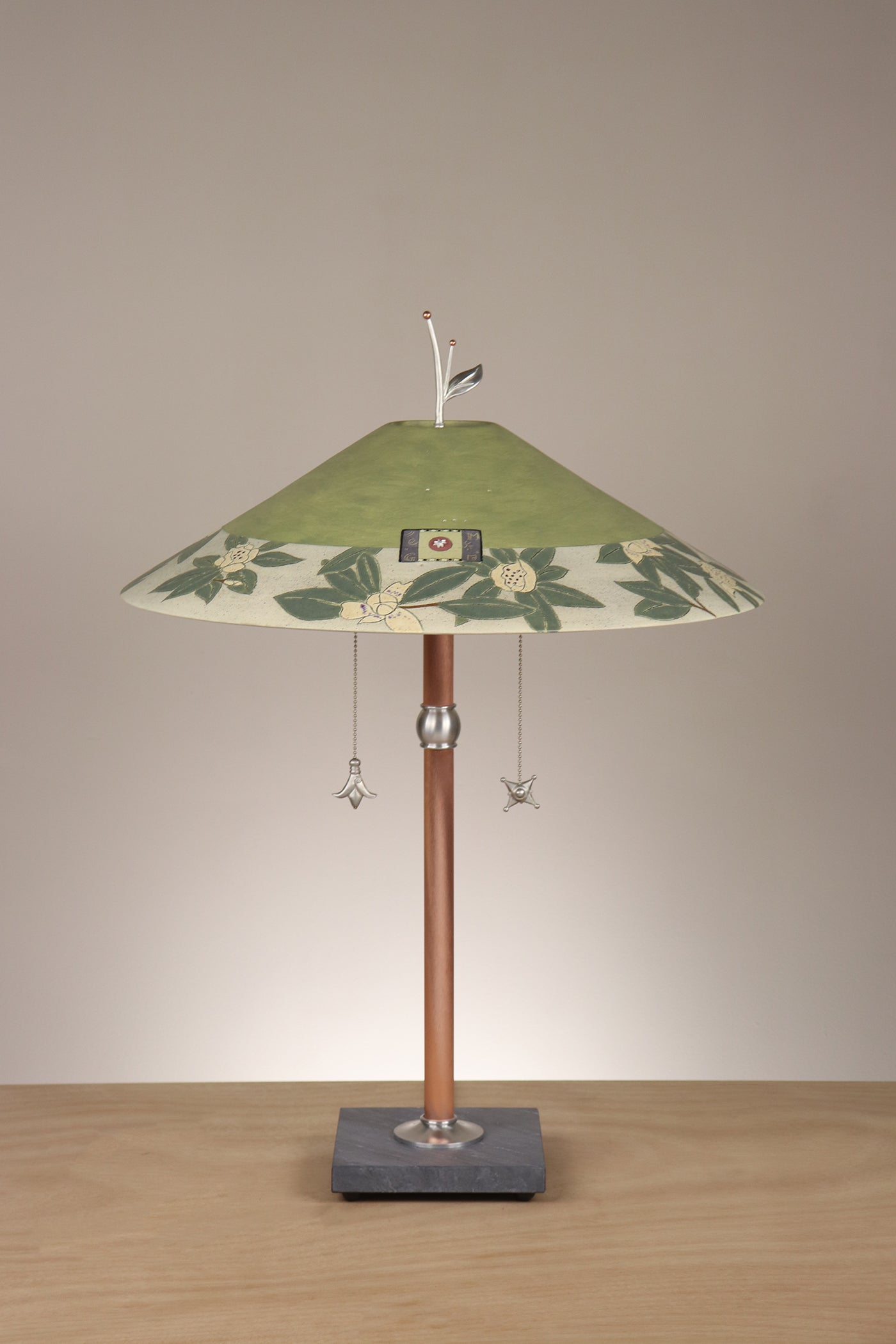 Janna Ugone & Co Table Lamps Copper Table Lamp with Large Wide Conical Ceramic Shade in Magnolia in Dusty Lime