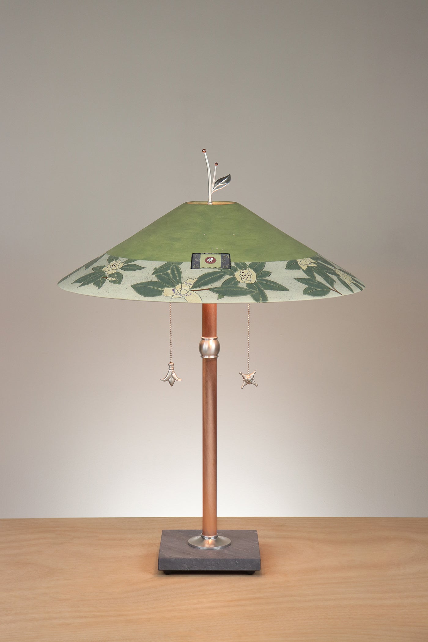 Janna Ugone & Co Table Lamps Copper Table Lamp with Large Wide Conical Ceramic Shade in Magnolia in Dusty Lime