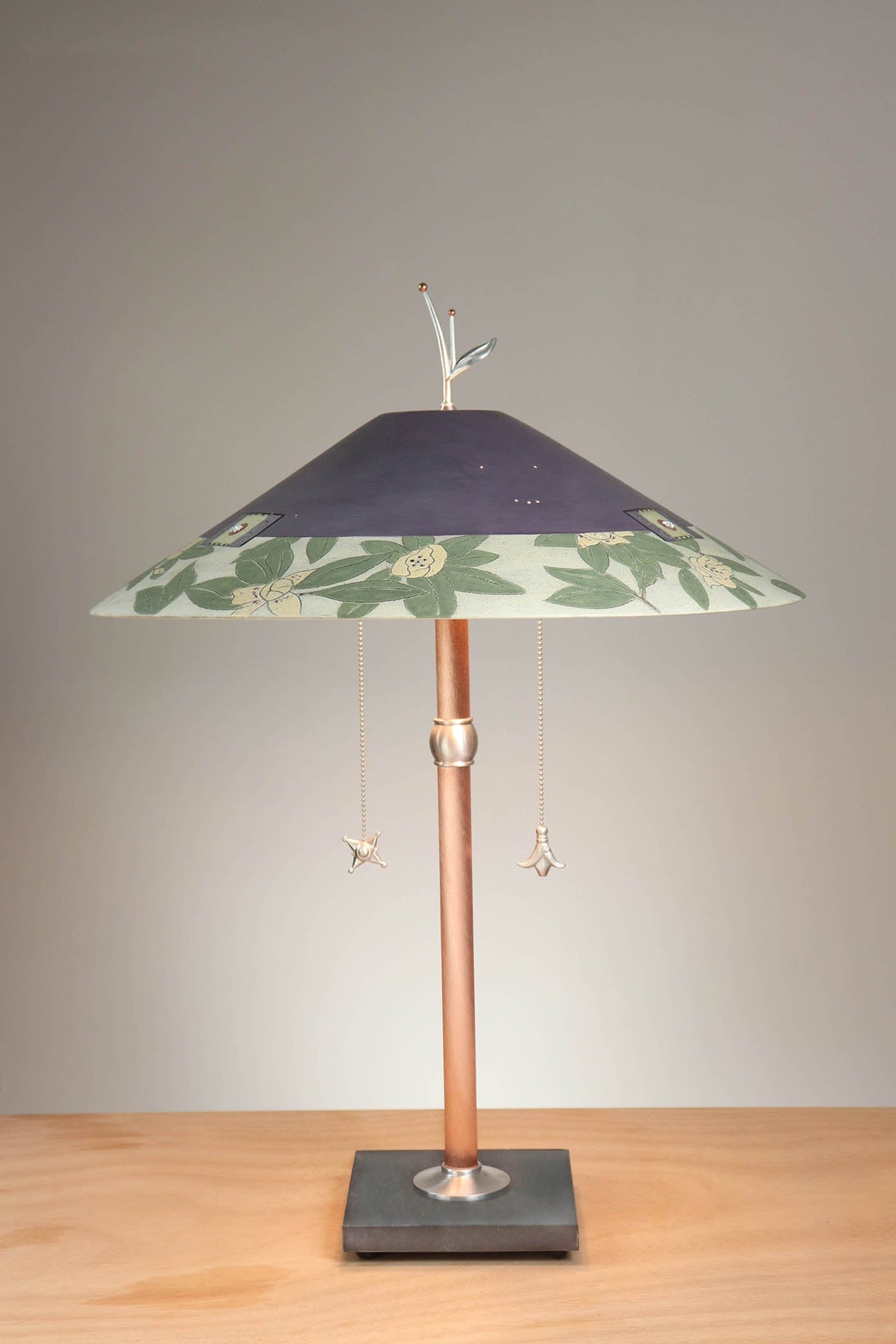 Janna Ugone &amp; Co Table Lamps Copper Table Lamp with Large Wide Conical Ceramic Shade in Magnolia in Dusty Lime