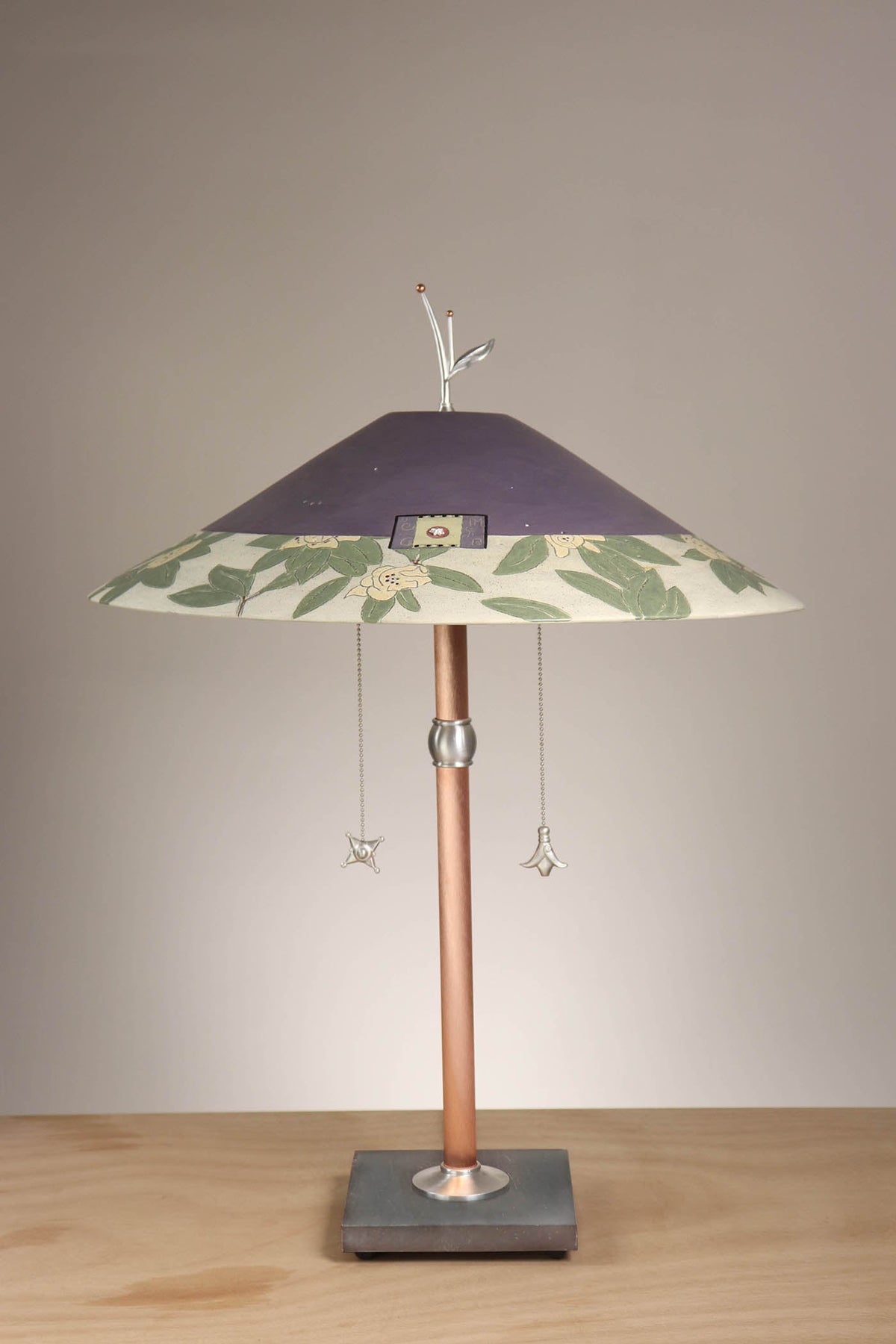 Janna Ugone &amp; Co Table Lamps Copper Table Lamp with Large Wide Conical Ceramic Shade in Magnolia in Dusty Lime