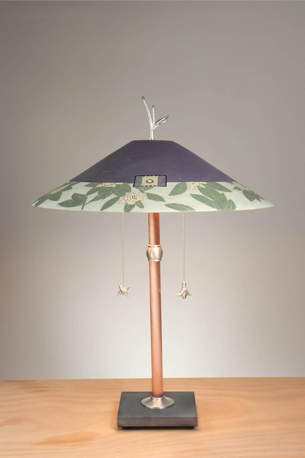 Janna Ugone &amp; Co Table Lamps Copper Table Lamp with Large Wide Conical Ceramic Shade in Magnolia in Dusty Lime