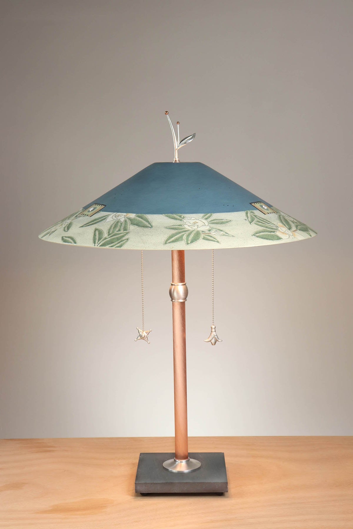 Janna Ugone &amp; Co Table Lamps Copper Table Lamp with Large Wide Conical Ceramic Shade in Magnolia in Light Teal