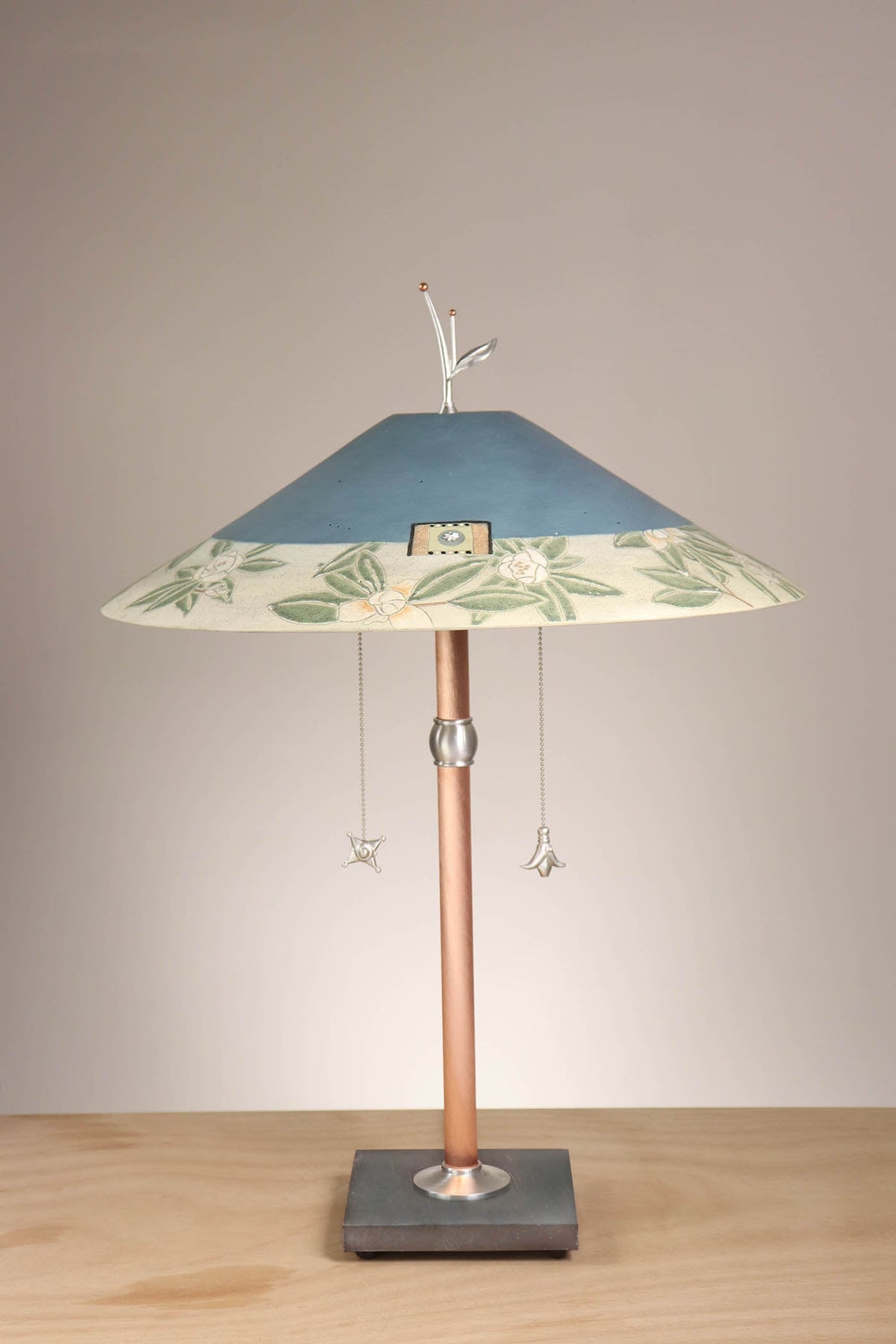 Janna Ugone &amp; Co Table Lamps Copper Table Lamp with Large Wide Conical Ceramic Shade in Magnolia in Light Teal