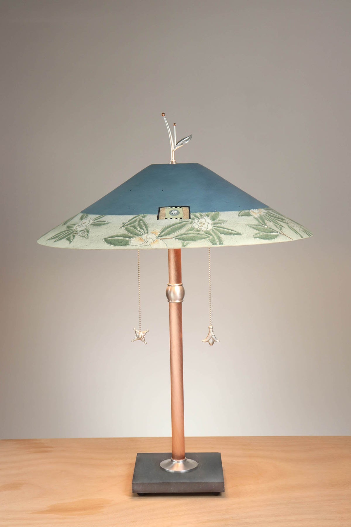 Janna Ugone &amp; Co Table Lamps Copper Table Lamp with Large Wide Conical Ceramic Shade in Magnolia in Light Teal