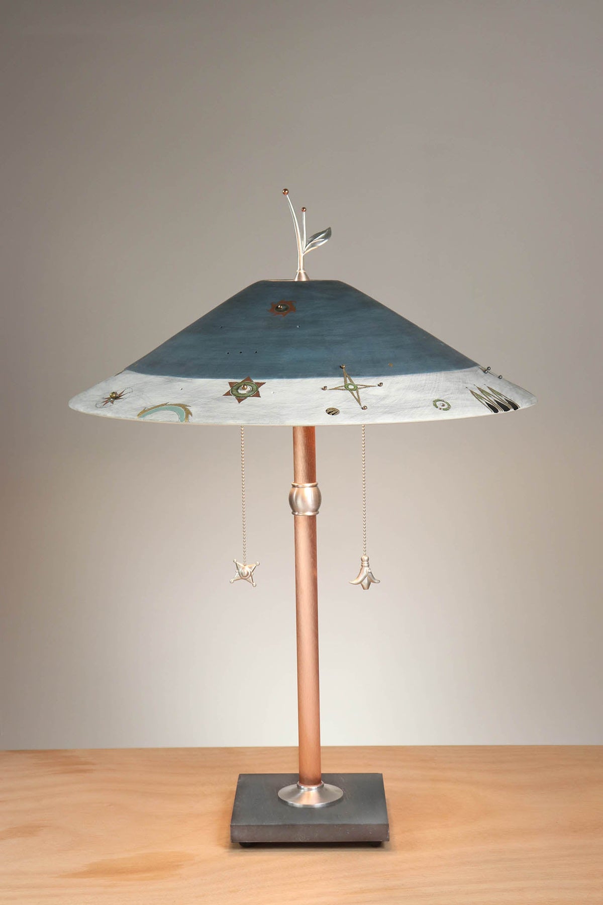 Janna Ugone &amp; Co Table Lamps Copper Table Lamp with Large Wide Conical Ceramic Shade in Medallion Indigo with Beads